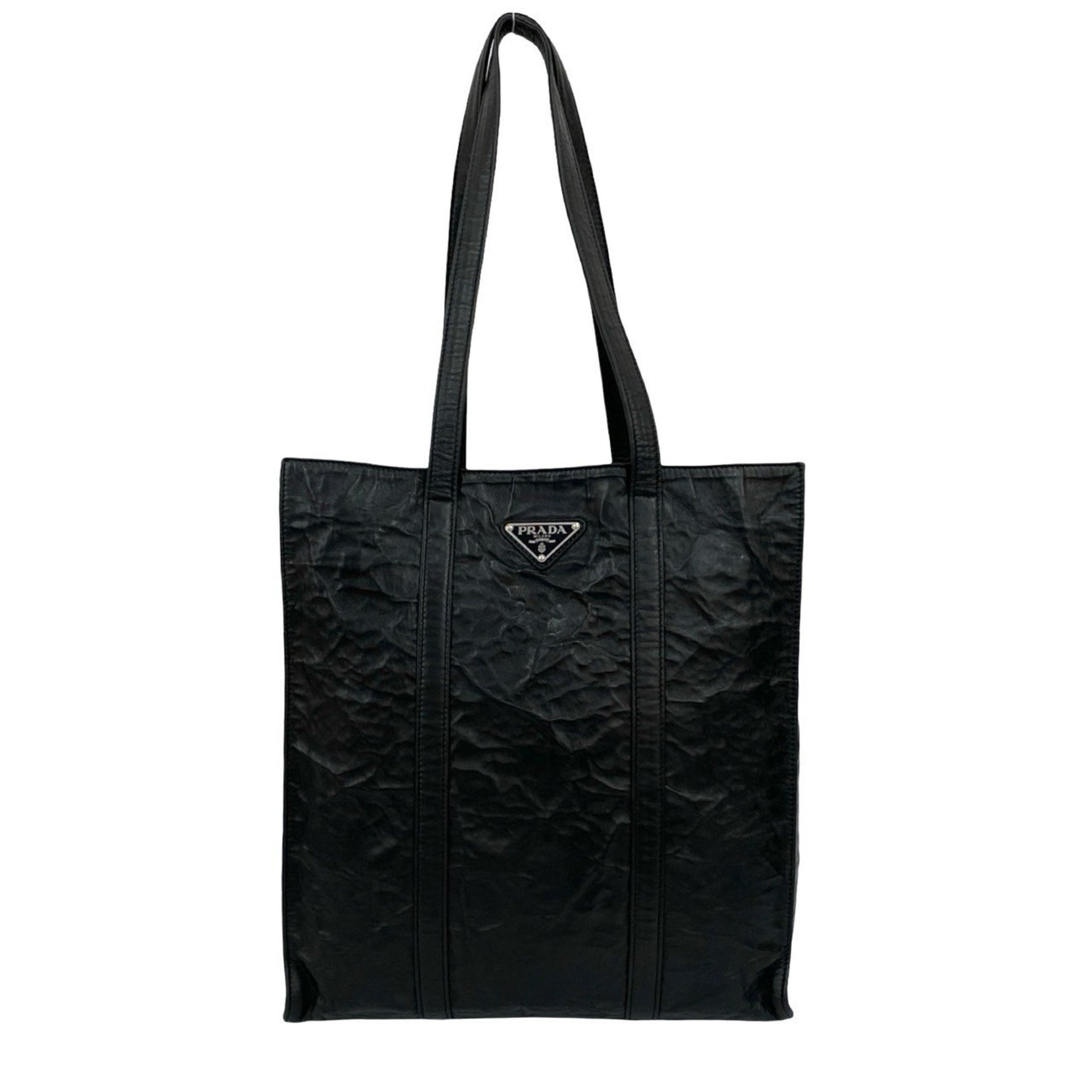 PRADA Triangle Logo Hardware Leather Tote Bag, Semi-Shoulder Handbag