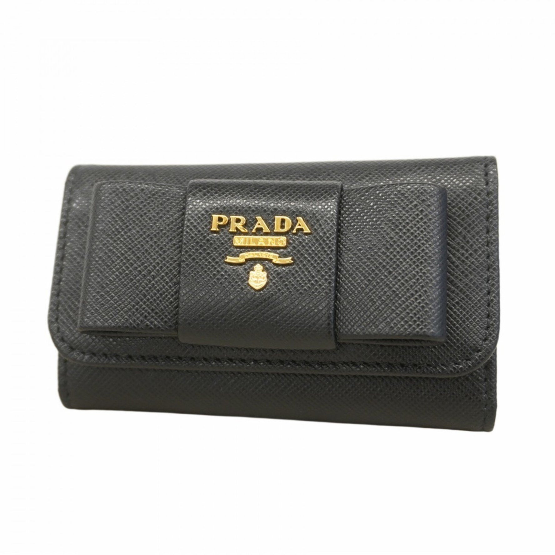 Prada Saffiano Fiocco Leather Key Case, Black, Women's