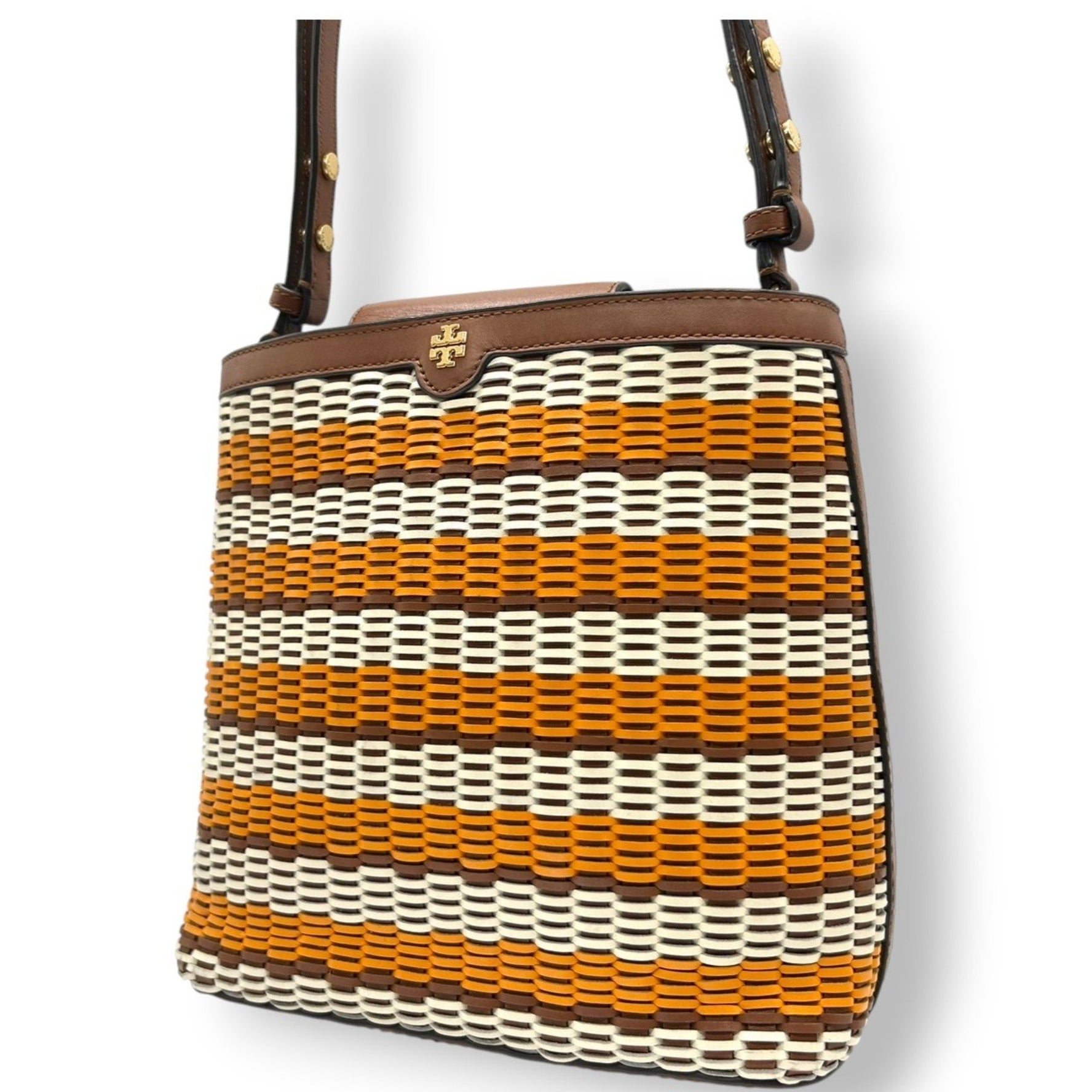Tory Burch Perry Small Triple Compartment Tote Shoulder Bag Woven Leather Basket with Multicolored Stripes, Summer Bag, Size