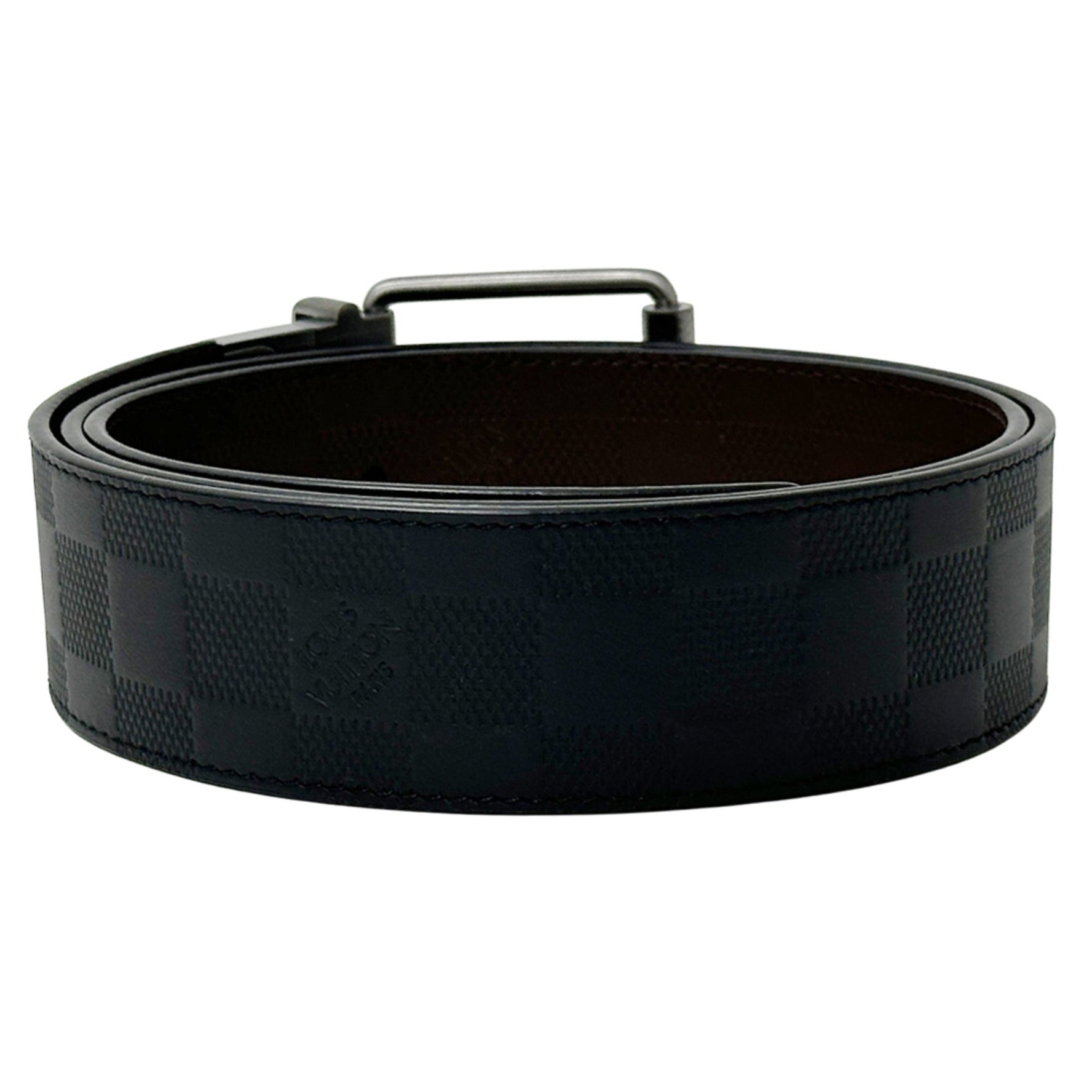 Louis Vuitton Damier Infini Leather Belt, Reversible, Onyx, Black, Red, Bordeaux, and Wine with Silver Hardware