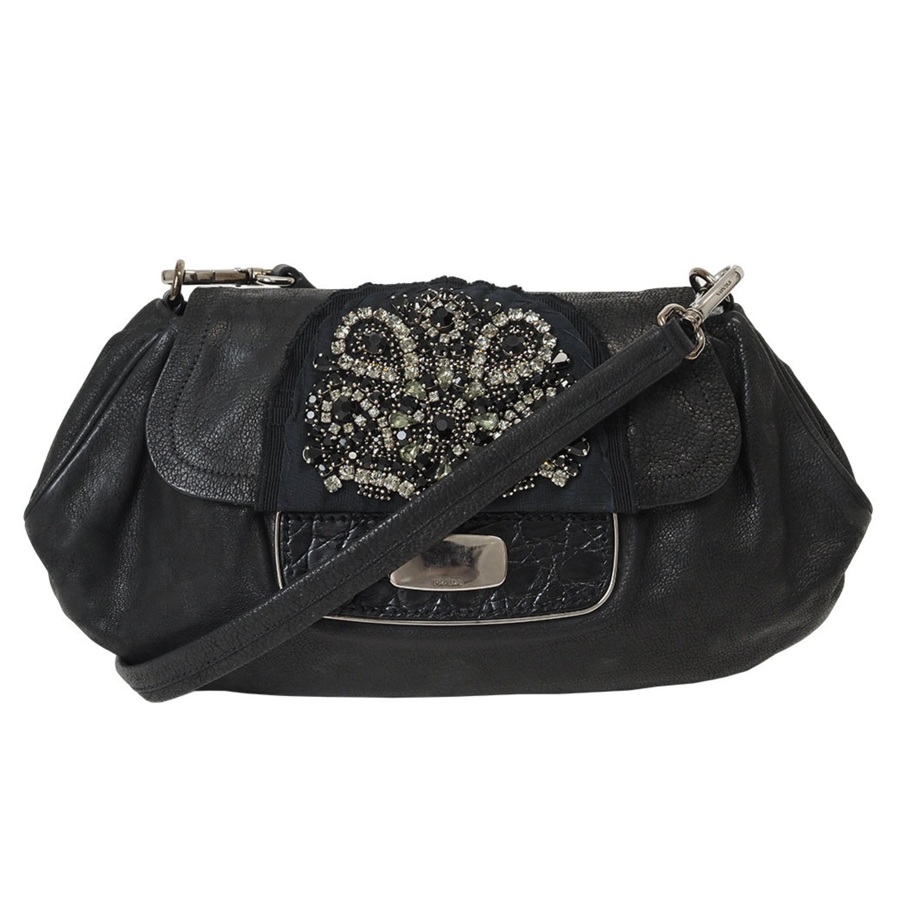 Prada Jeweled Clutch Bag Black Women's Leather Skipper Shoulder PRADA