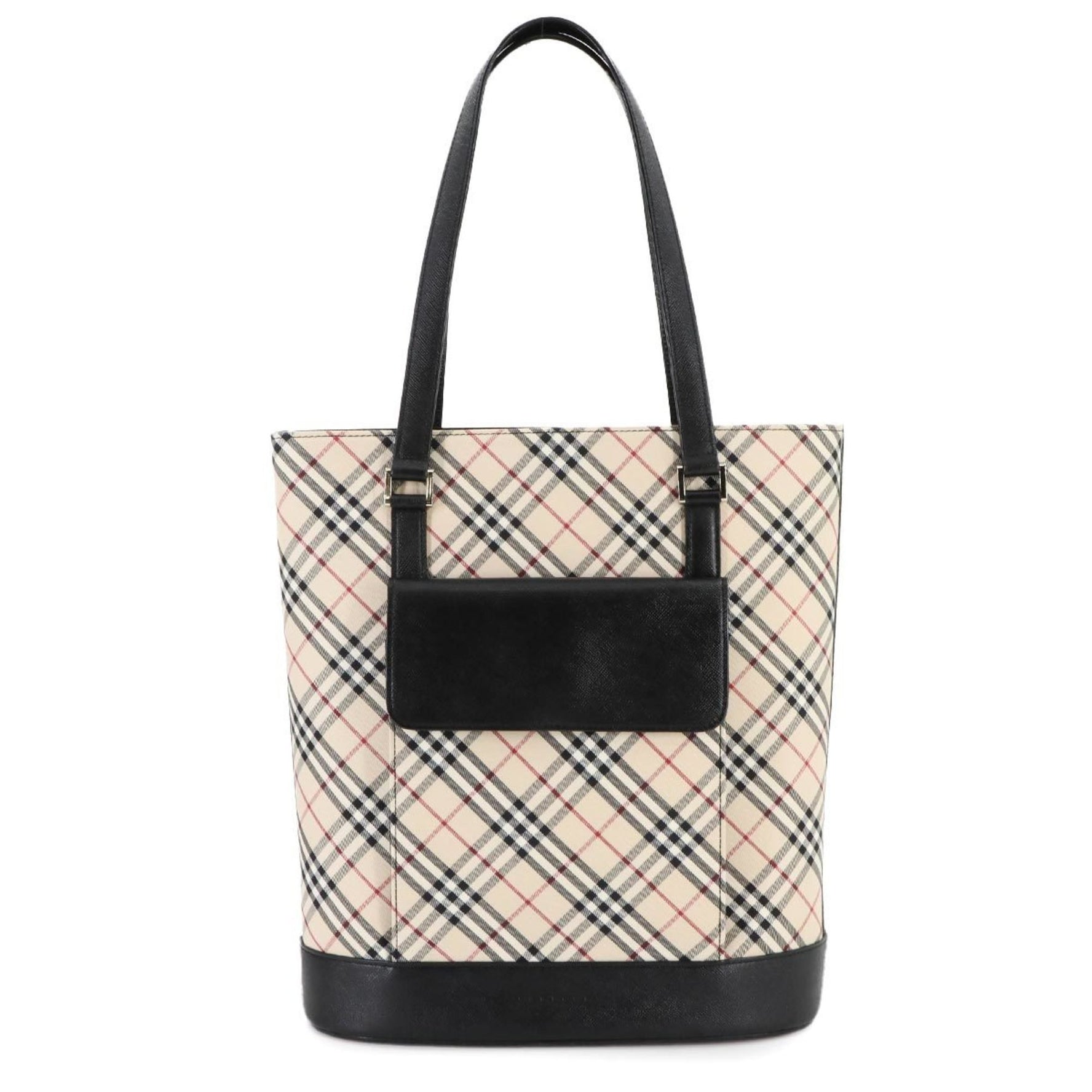 Burberry Nova Check Tote Bag Canvas Leather Beige Black Silver Metal Fittings