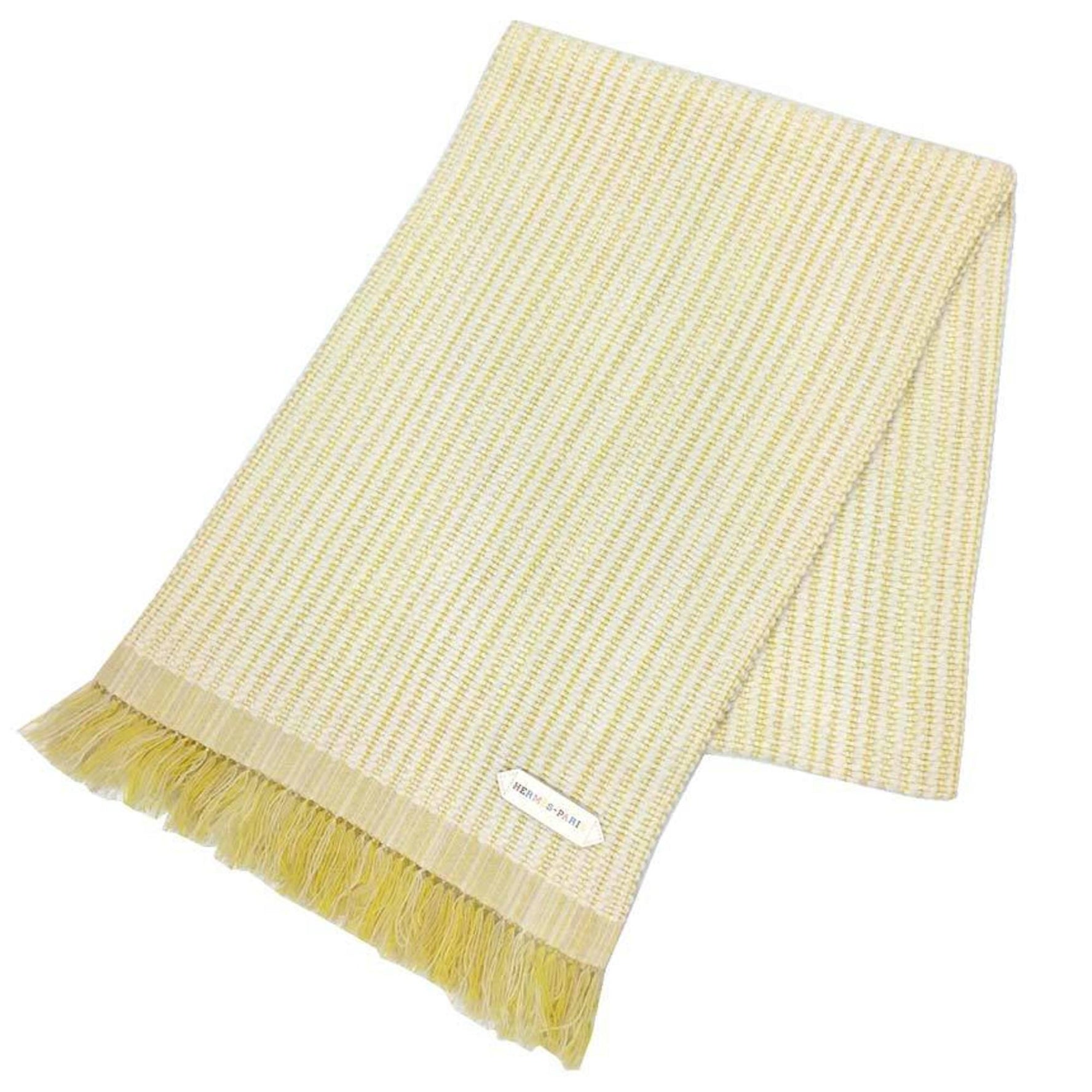HERMES Leather patch scarf, wavy double-faced, 100% cashmere, yellow x white