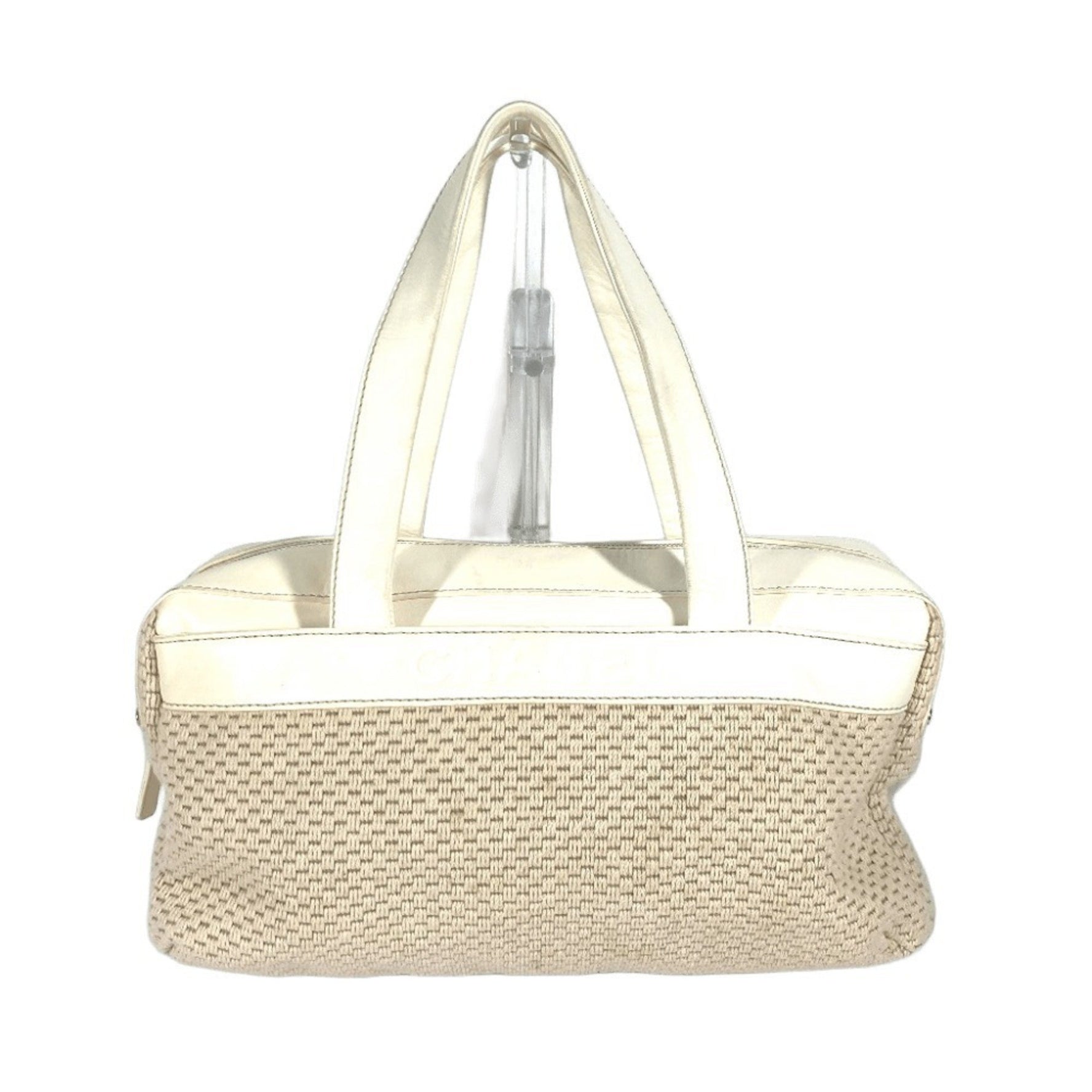 CHANEL CC Coco Mark Logo Tote Bag Shoulder Handbag Leather Canvas Beige