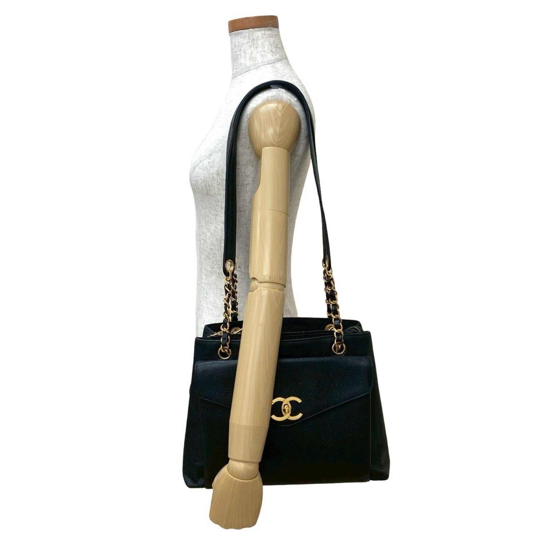 CHANEL Coco Mark Caviar Leather Chain Semi Shoulder Bag Tote