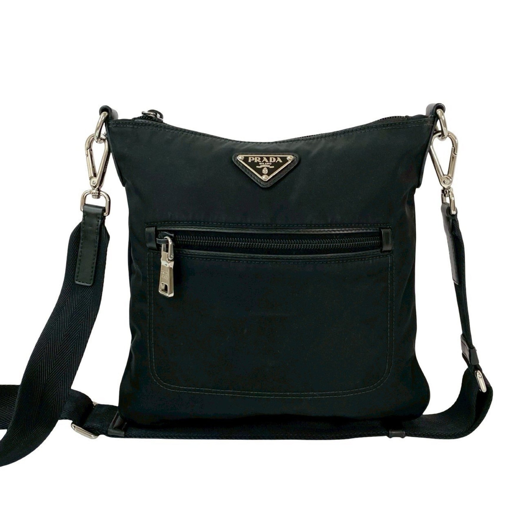 PRADA Triangle Logo Metal Hardware Tessuto Nylon Leather Mini Shoulder Bag Pochette Sacoche