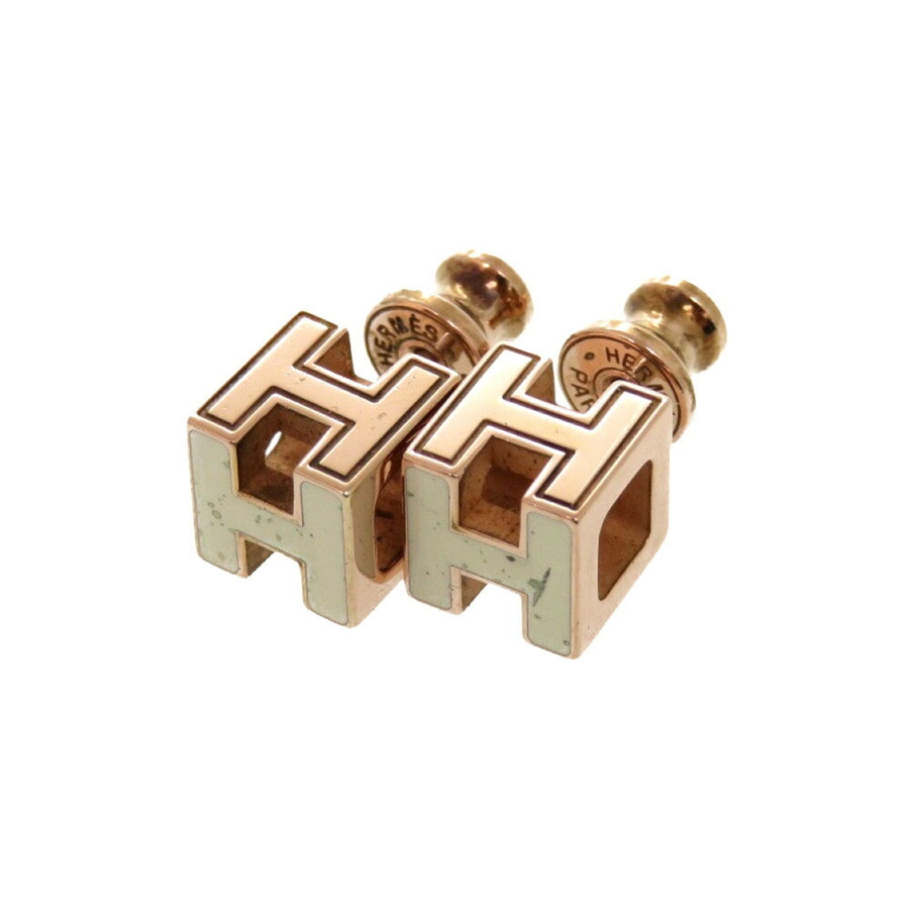 Hermes Cage d'Ache H Cube Ivory Rose Earrings 0904
