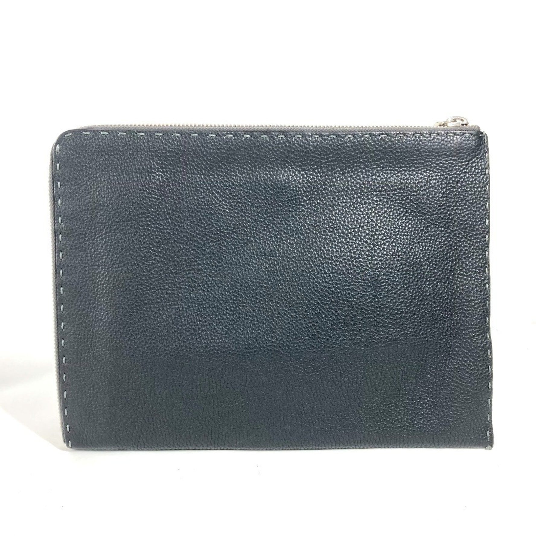 FENDI Selleria Logo Pouch Bag Clutch Leather Men's Black