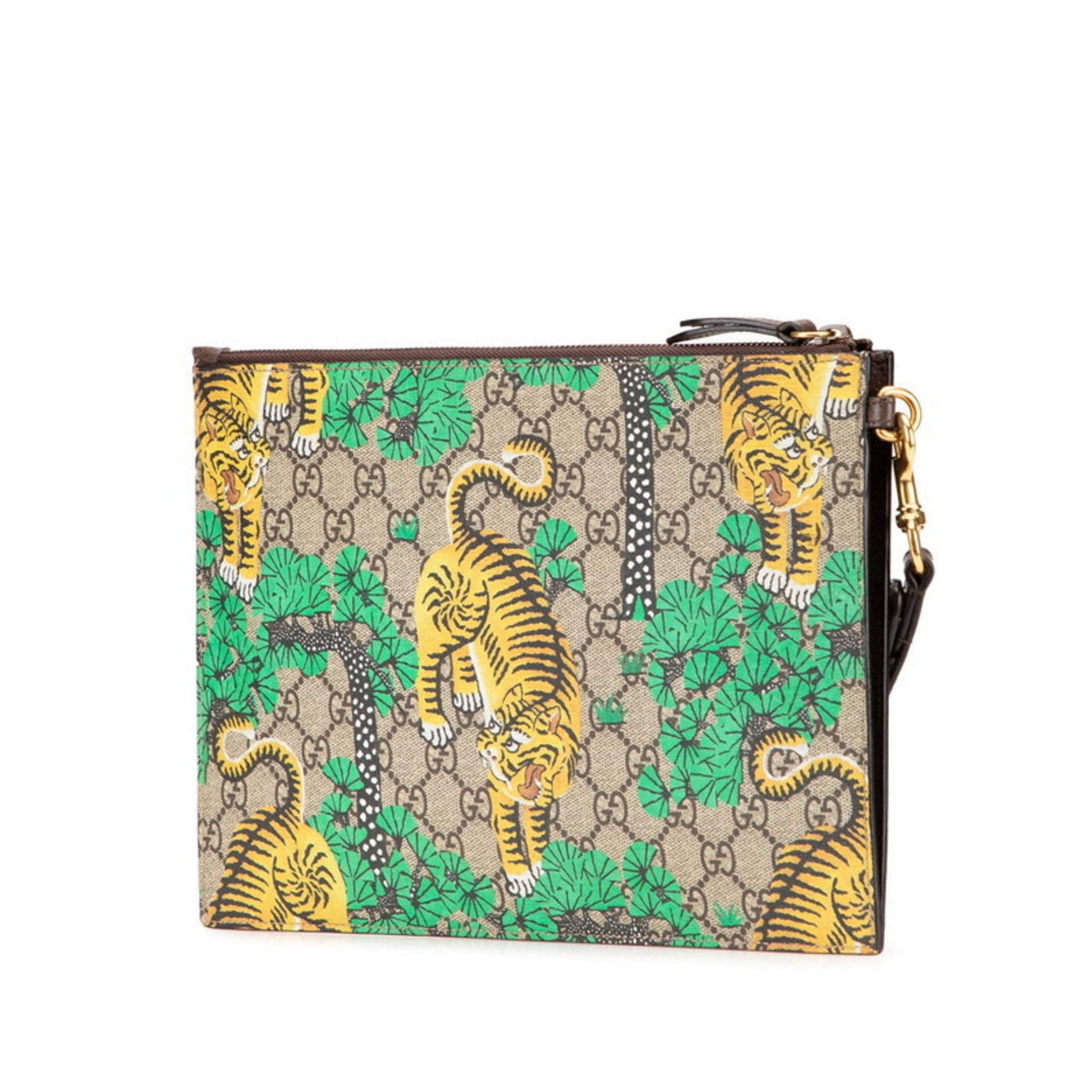 Gucci GG Supreme Tiger Clutch Bag in Brown, Green, and Yellow Leather