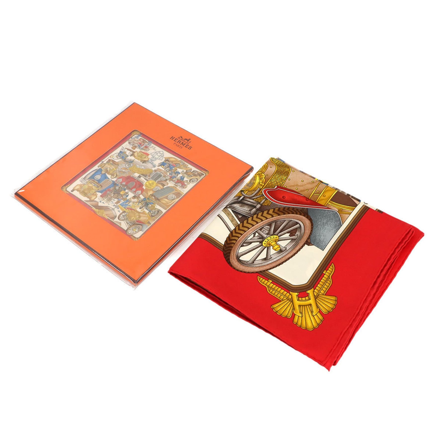 Hermes Hermès Carre 90 Large Scarf "Automobile" 100% Silk Red Multicolor