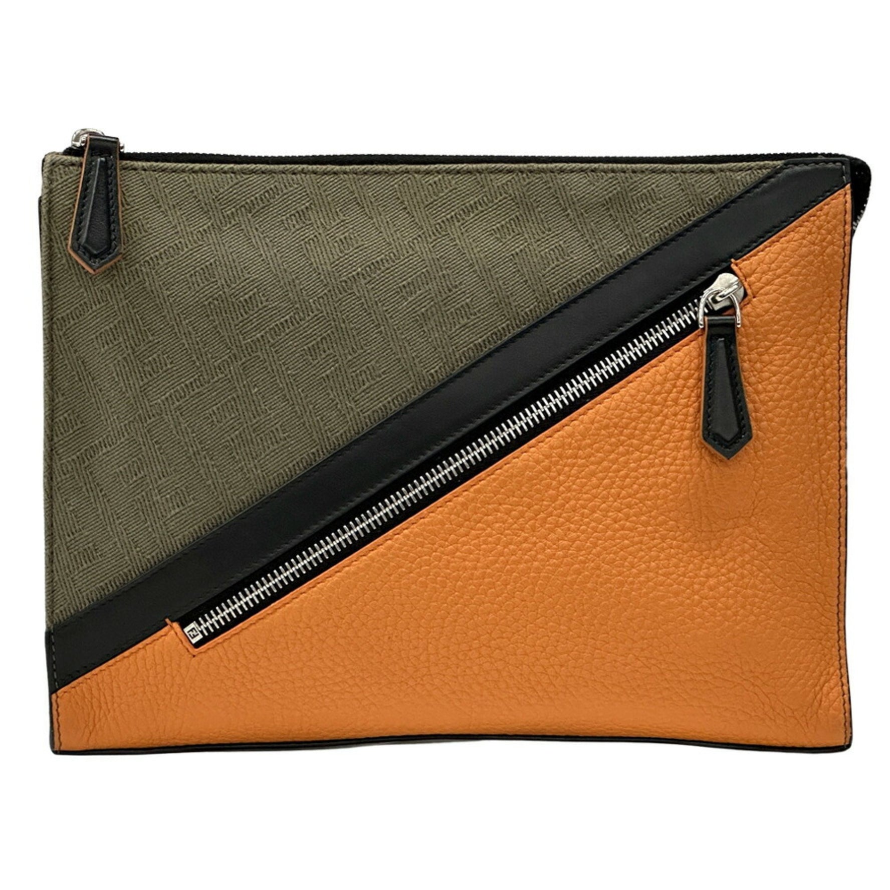 Fendi Men's Zucca Clutch Bag/Second Handbag in Canvas and Leather with Khaki Orange Two-Tone Design
