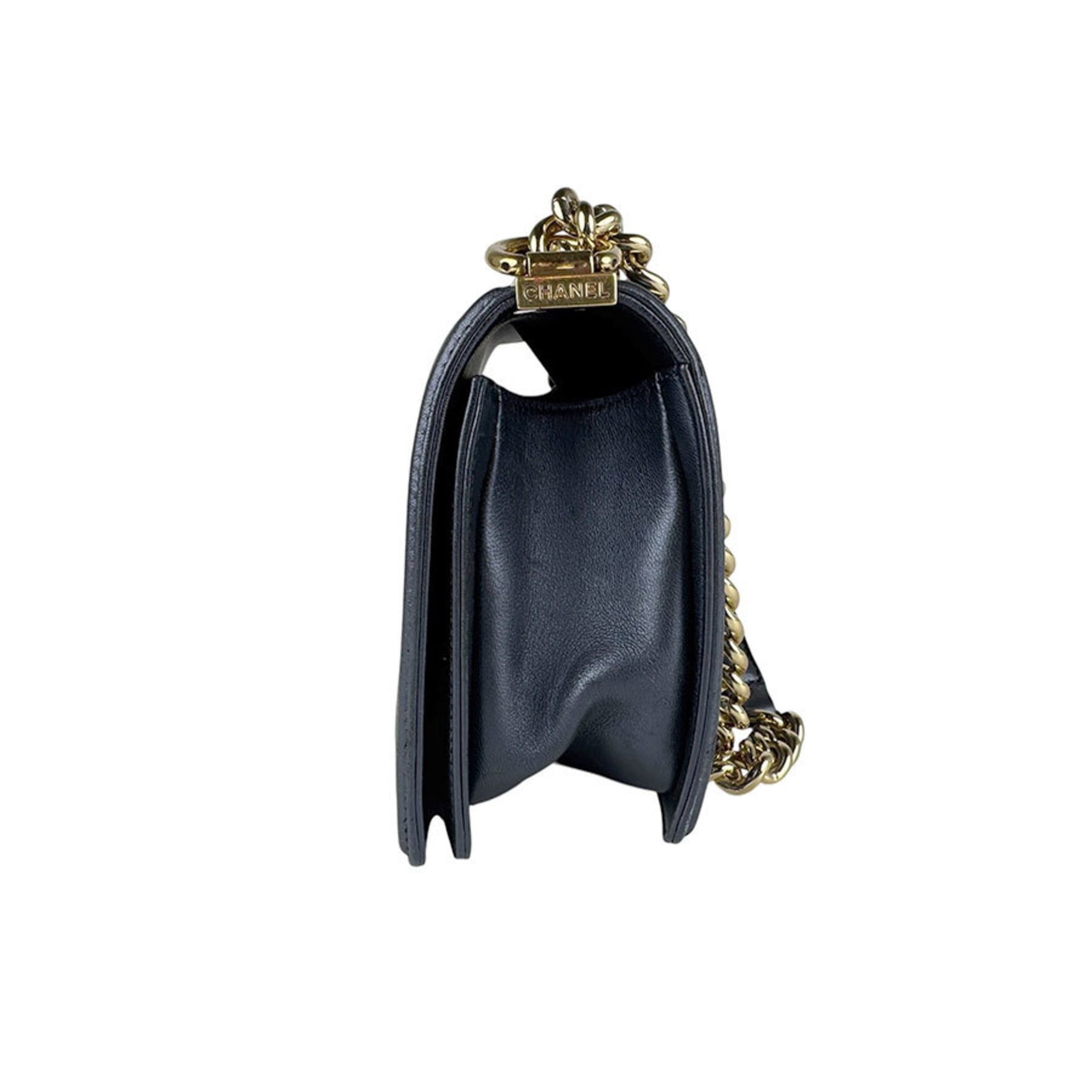 CHANEL Boy Shoulder Bag, Leather, Navy x Red