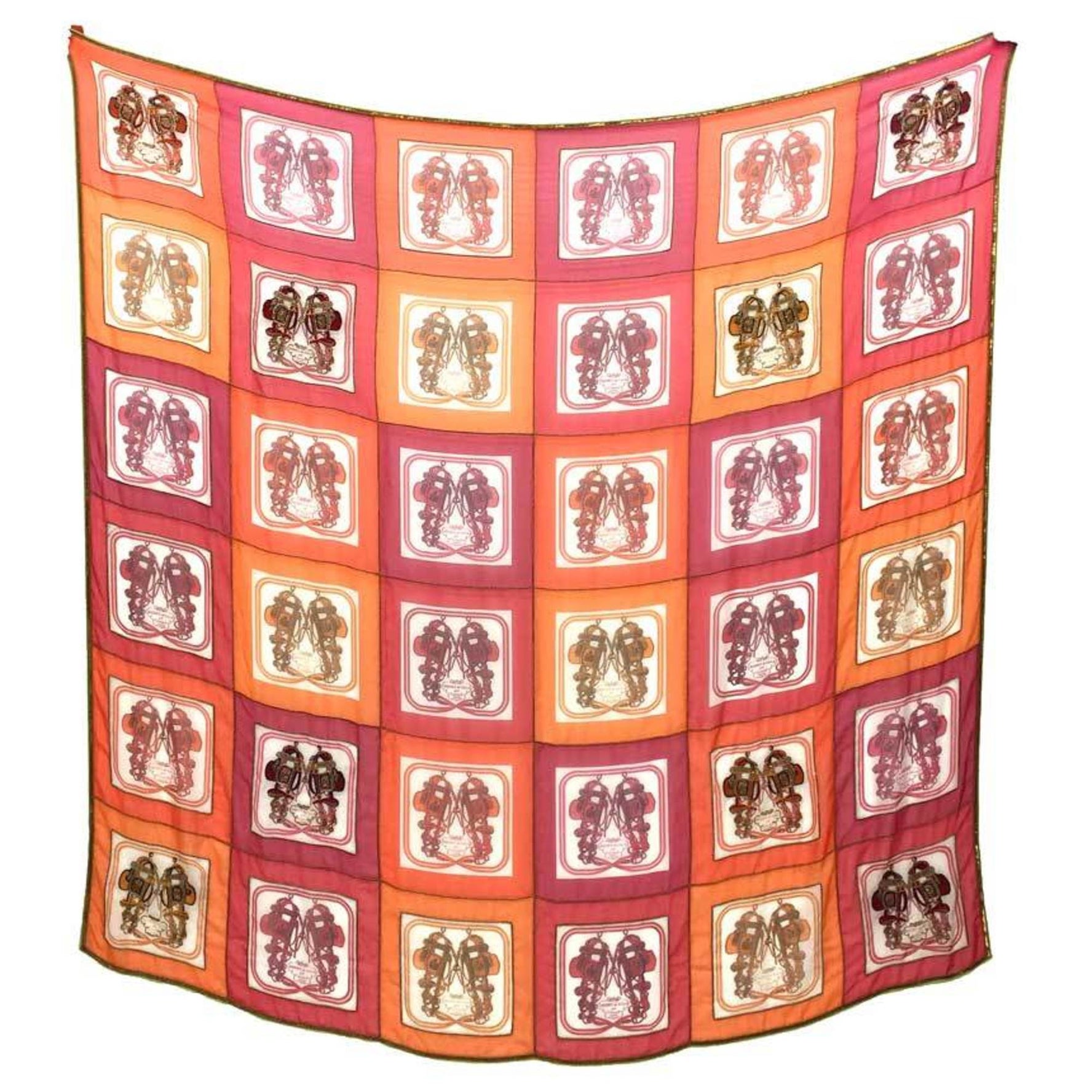 HERMES Hermes Shawl Carre 140 MINI BRIDES DE GALA Beads Embroidery Muslin Chiffon Orange