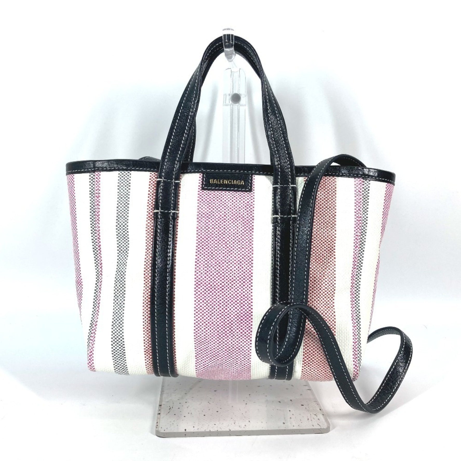 BALENCIAGA Striped BARBES SMALL Shoulder Bag, Tote Handbag, Leather/Raffia, Pink