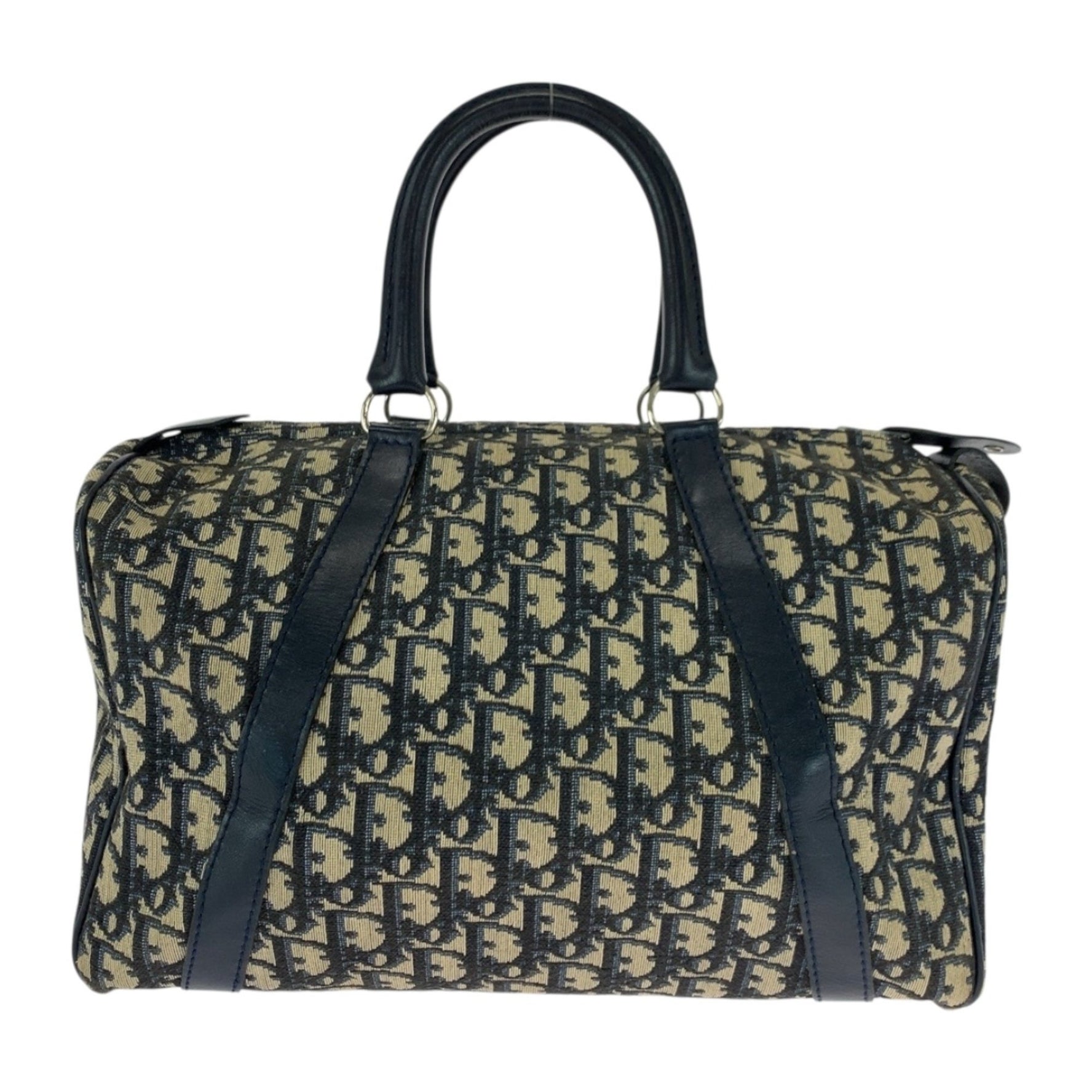 Christian Dior Dior Vintage Trotter Navy Ivory Canvas Handbag/Mini Boston Bag with Silver Hardware