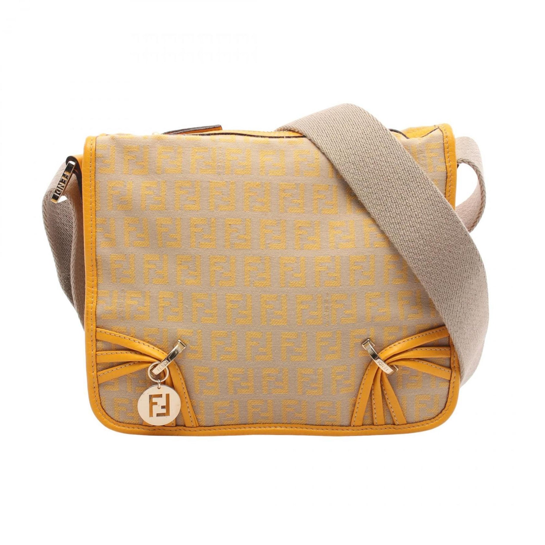Fendi Zucchino Shoulder Bag, Canvas and Leather, Beige Yellow