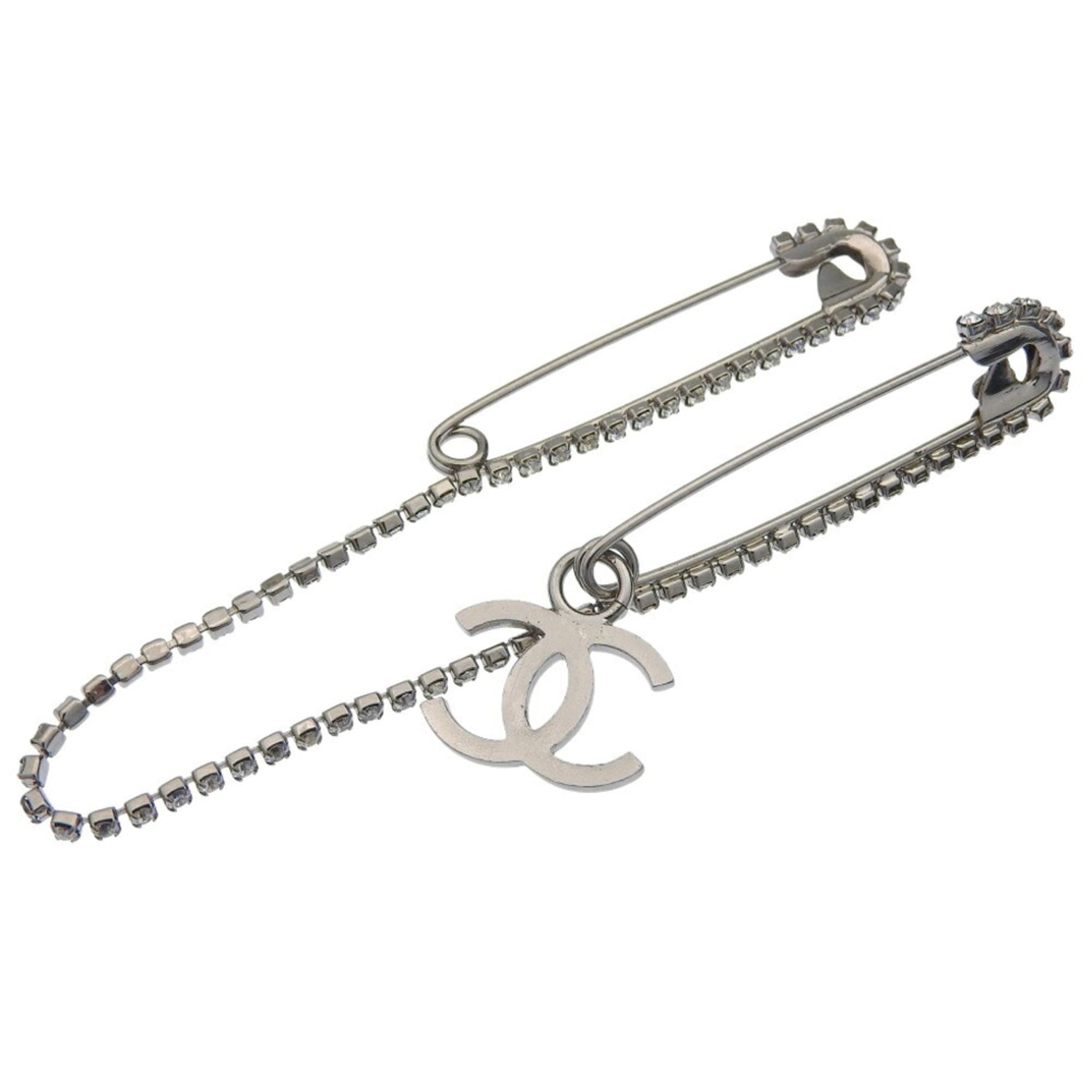 CHANEL Coco Mark Double Pin Brooch Metal Rhinestone