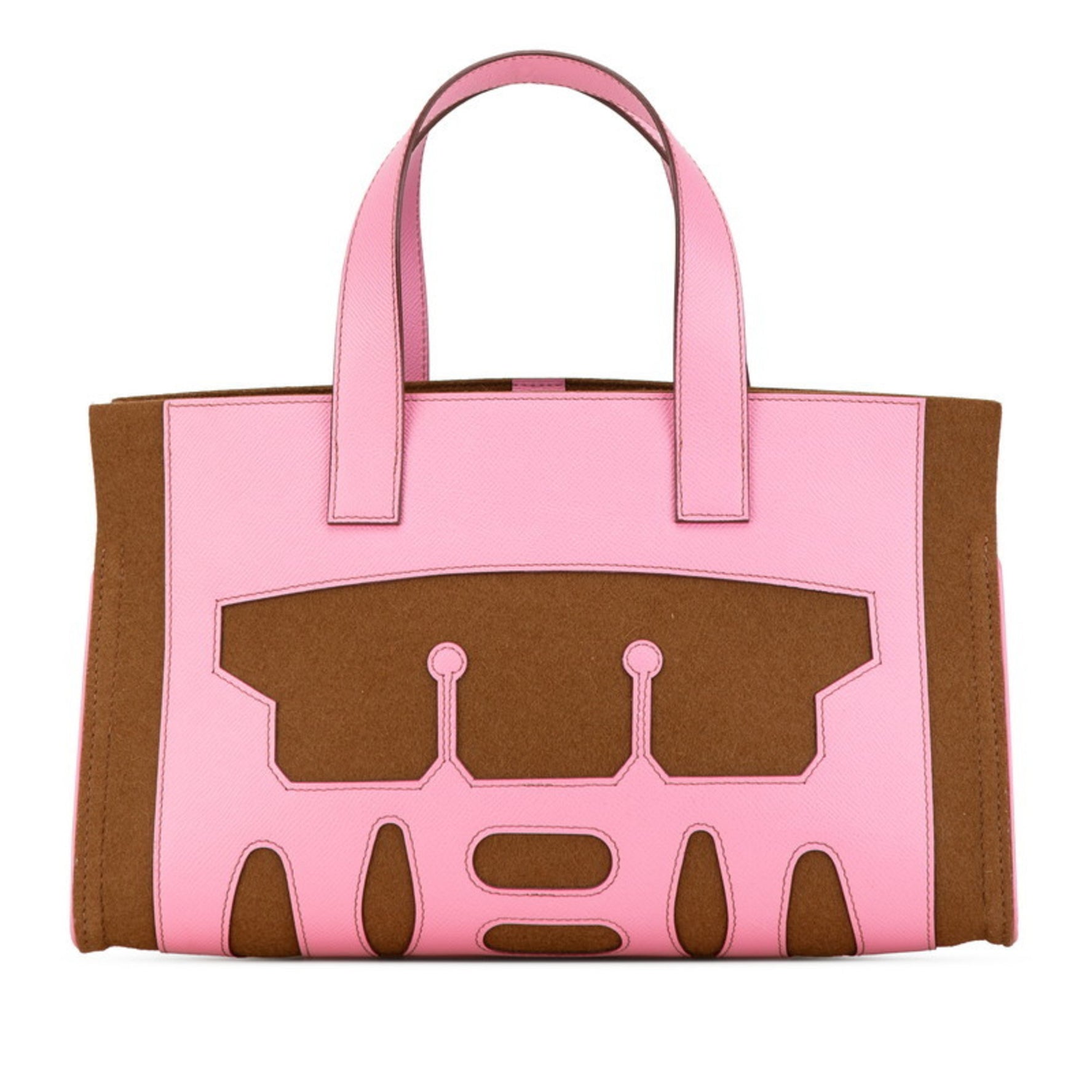 Hermes Petit H Tote PM Bag Handbag Pink Brown Felt Epsom Leather
