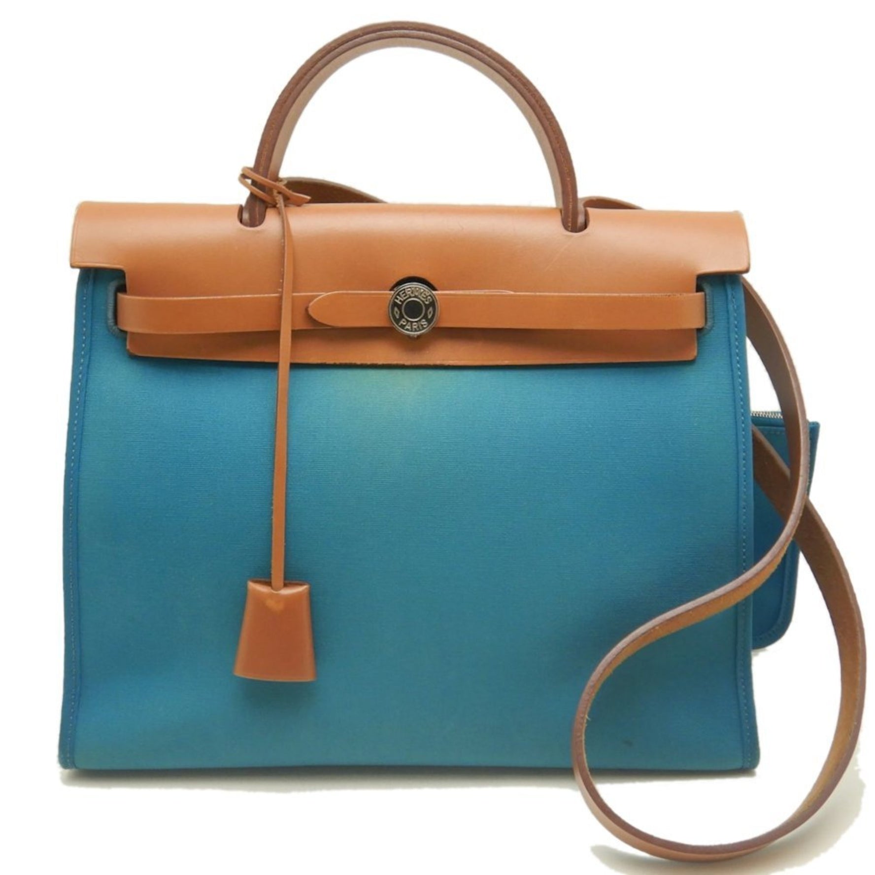 HERMES Hermès Airbag PM Handbag, Toile Officier Leather, Turquoise