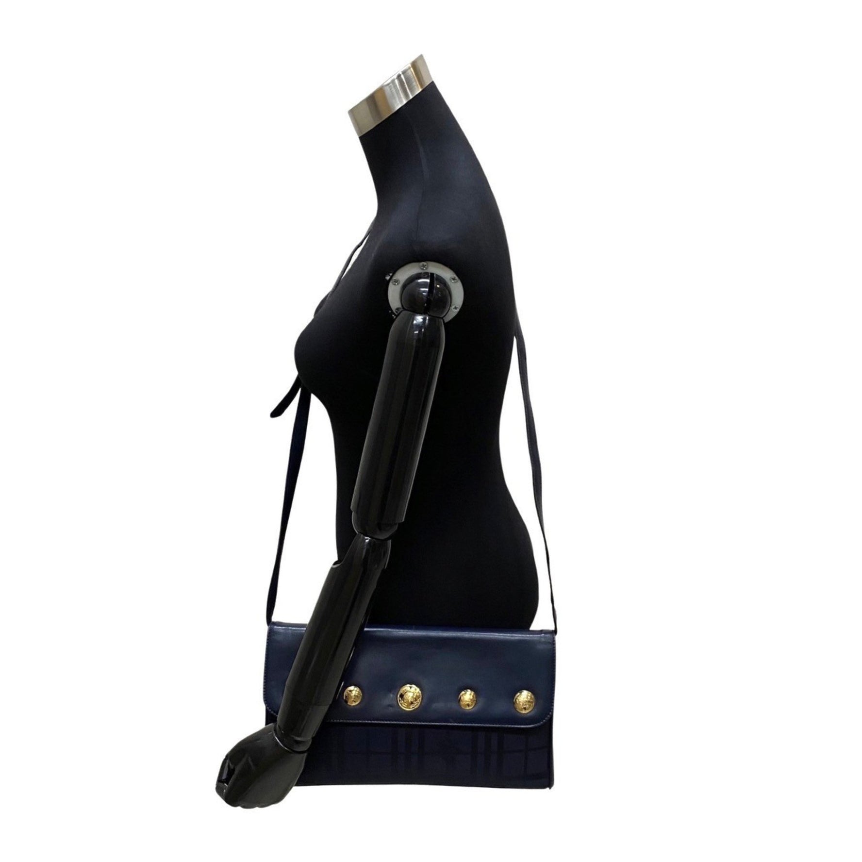 BURBERRYS Nova Check Shadow Horse Metal Fittings Leather Nylon 2way Shoulder Bag Clutch Navy