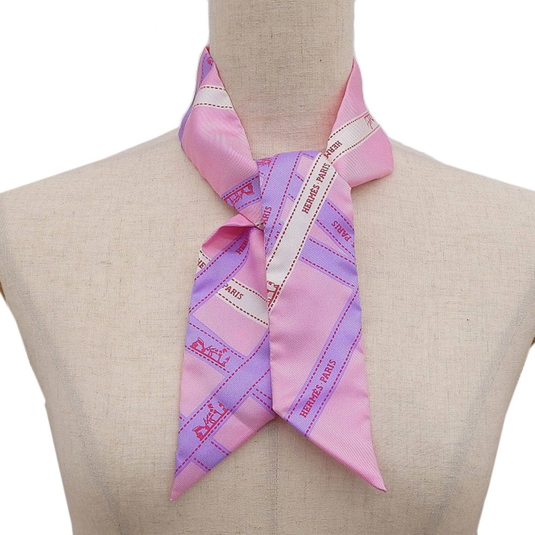 Hermes Scarf Muffler Bordeaux Ribbon Twilly Silk Pink