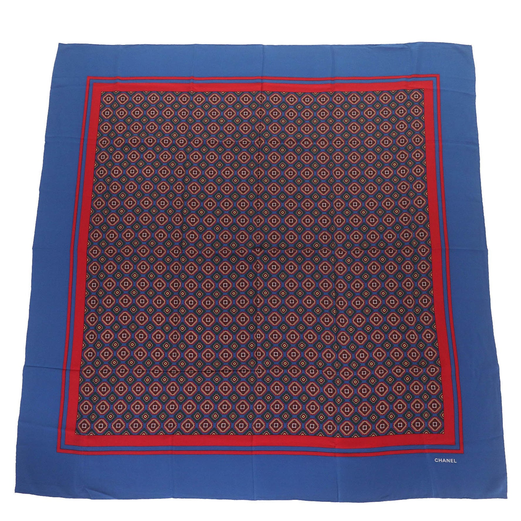 Vintage CHANEL 100% Silk Scarf with Logo and All-Over Print, Size 140, Blue Red, Made in Italy