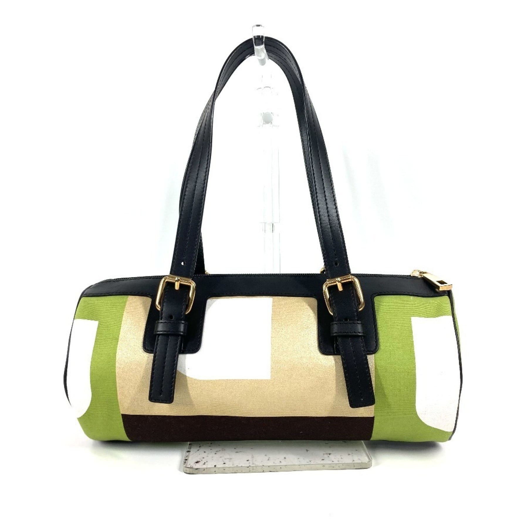 BALLY Logo Cylinder Bag Shoulder Handbag Leather Canvas Women's Green