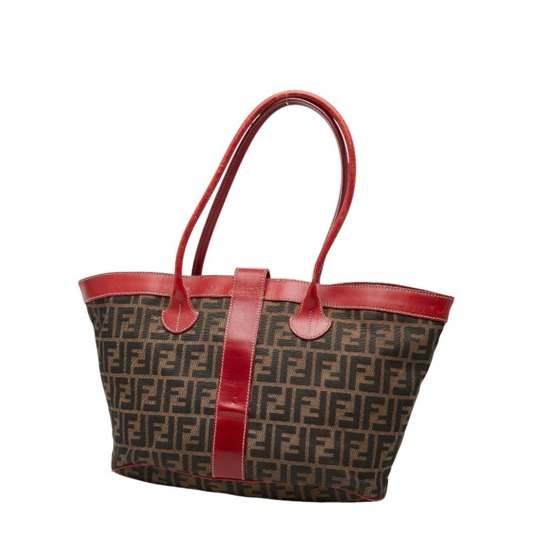 Fendi Zucca Tote Bag Handbag Brown Red Canvas Leather