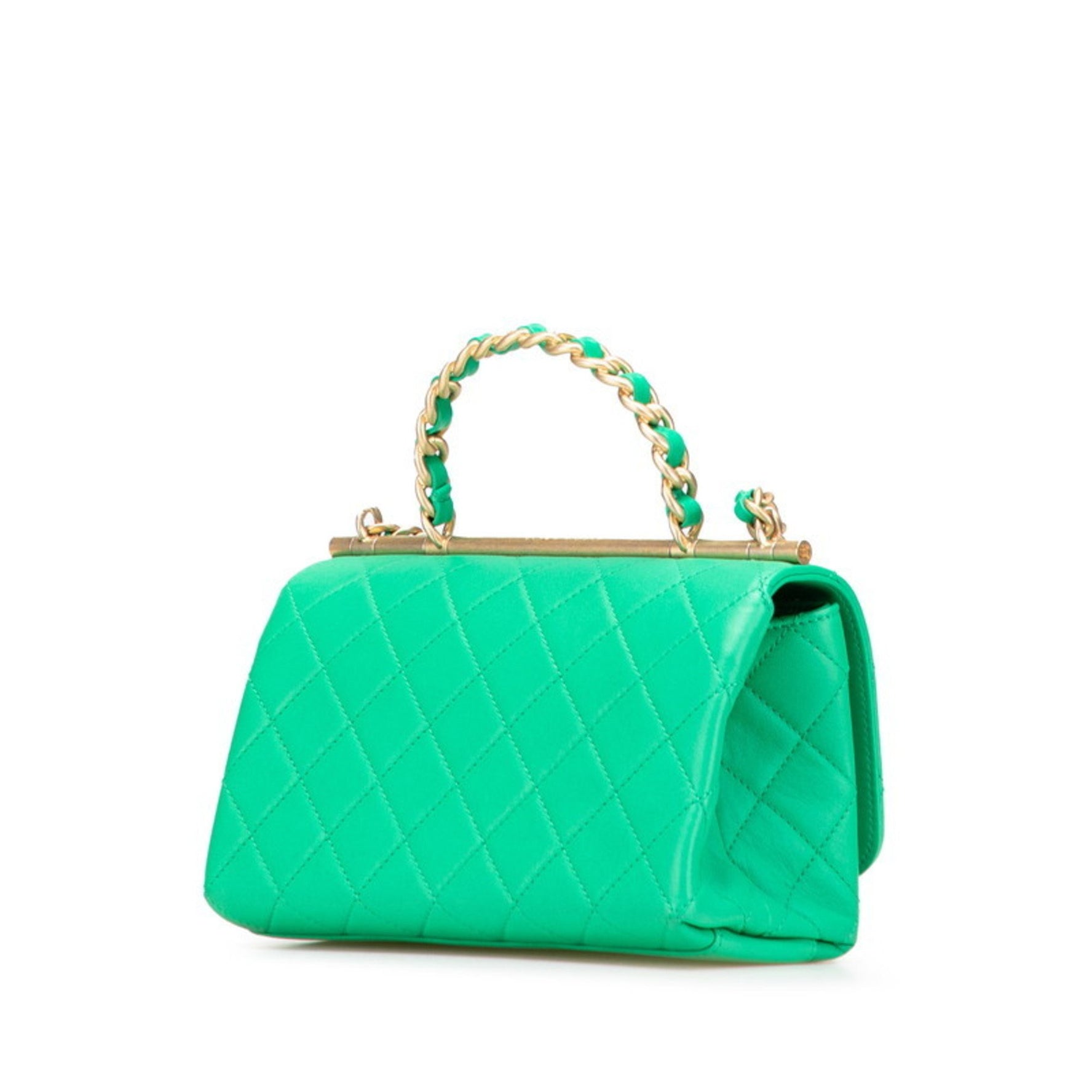 CHANEL Matelasse Coco Mark Top Handle Shoulder Bag Tote Green Gold Lambskin