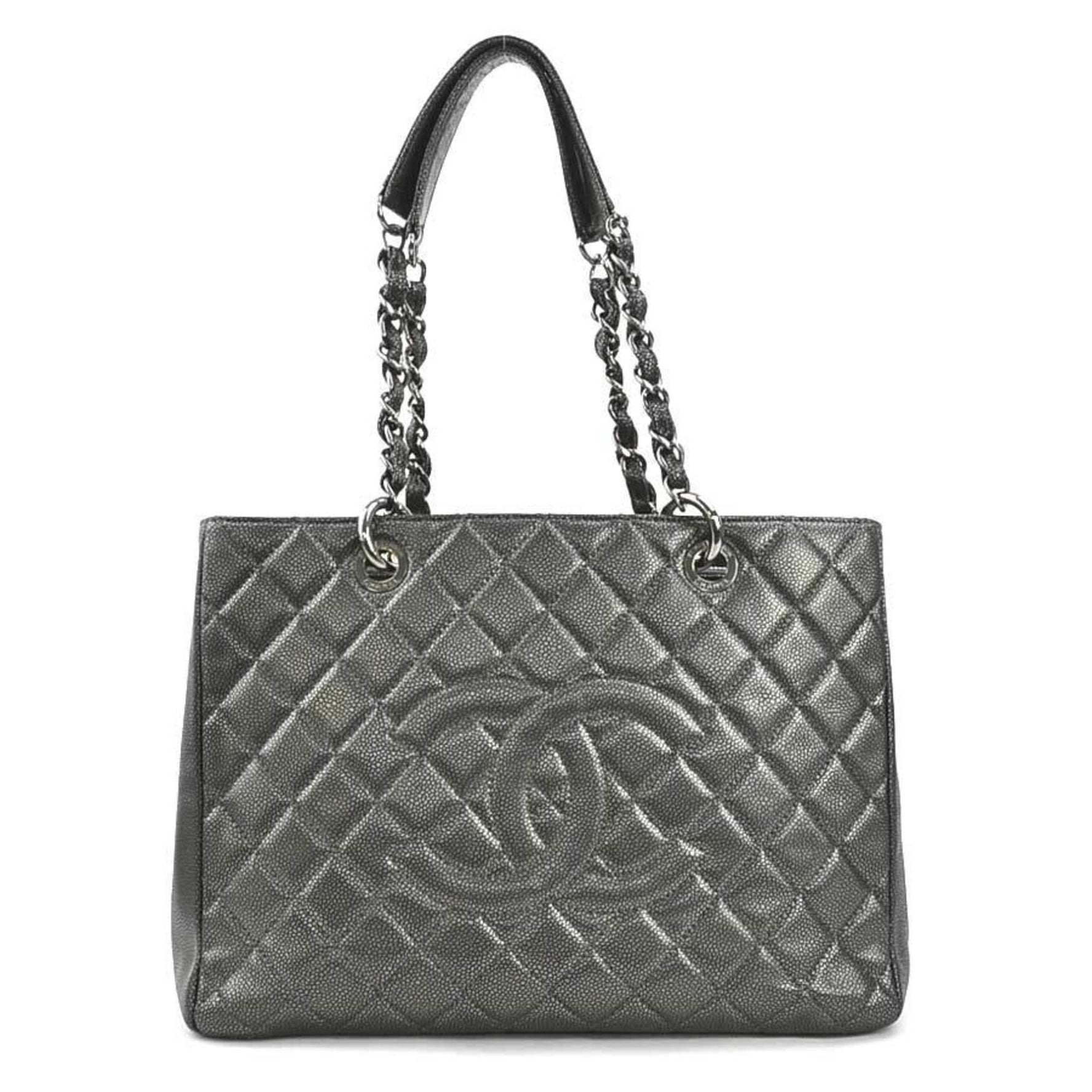 CHANEL Shoulder Bag GST Caviar Skin Leather Metallic Gray Silver Women's e59698a