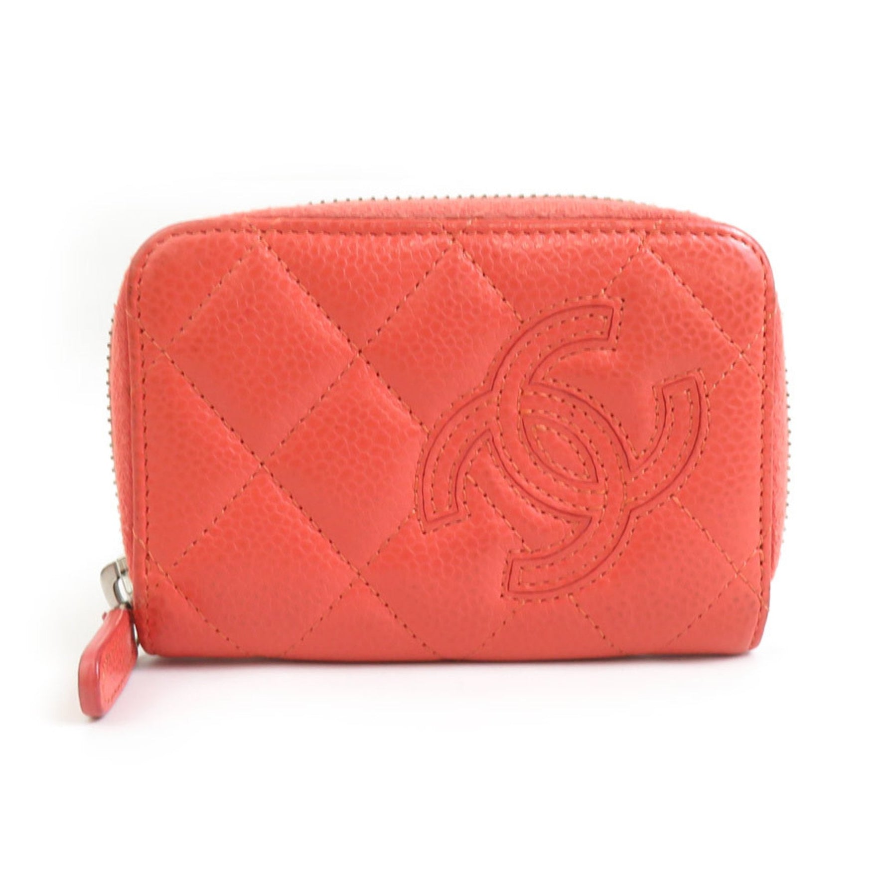 CHANEL Card Case/Business Holder Wallet/Coin Case Coco Mark Caviar Skin Leather Coral Silver Women's e59882a