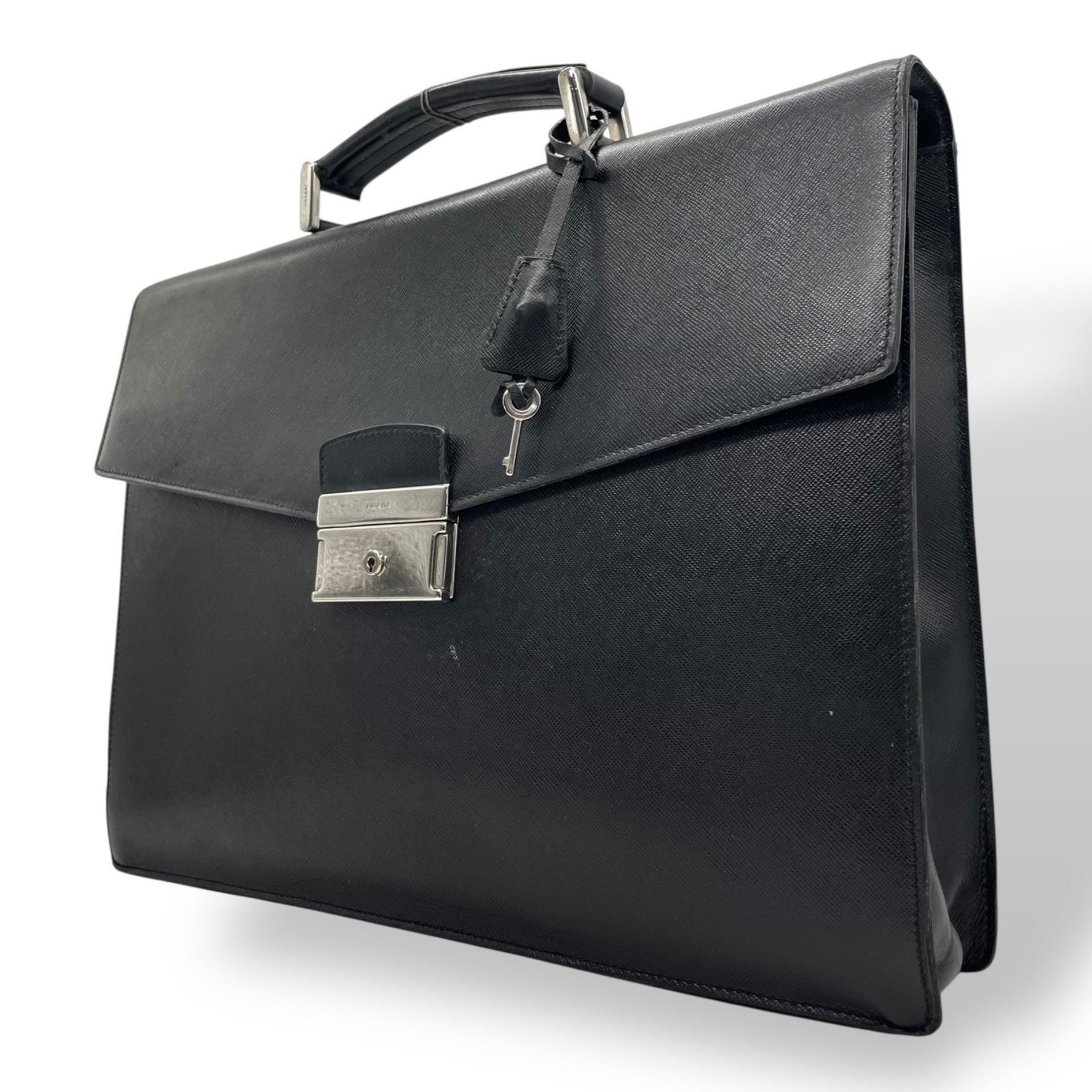 PRADA Prada Business Bag, Dulles Briefcase, Black, Nero Saffiano Leather, Silver Hardware, Logo, Crochet, Men's, Size D
