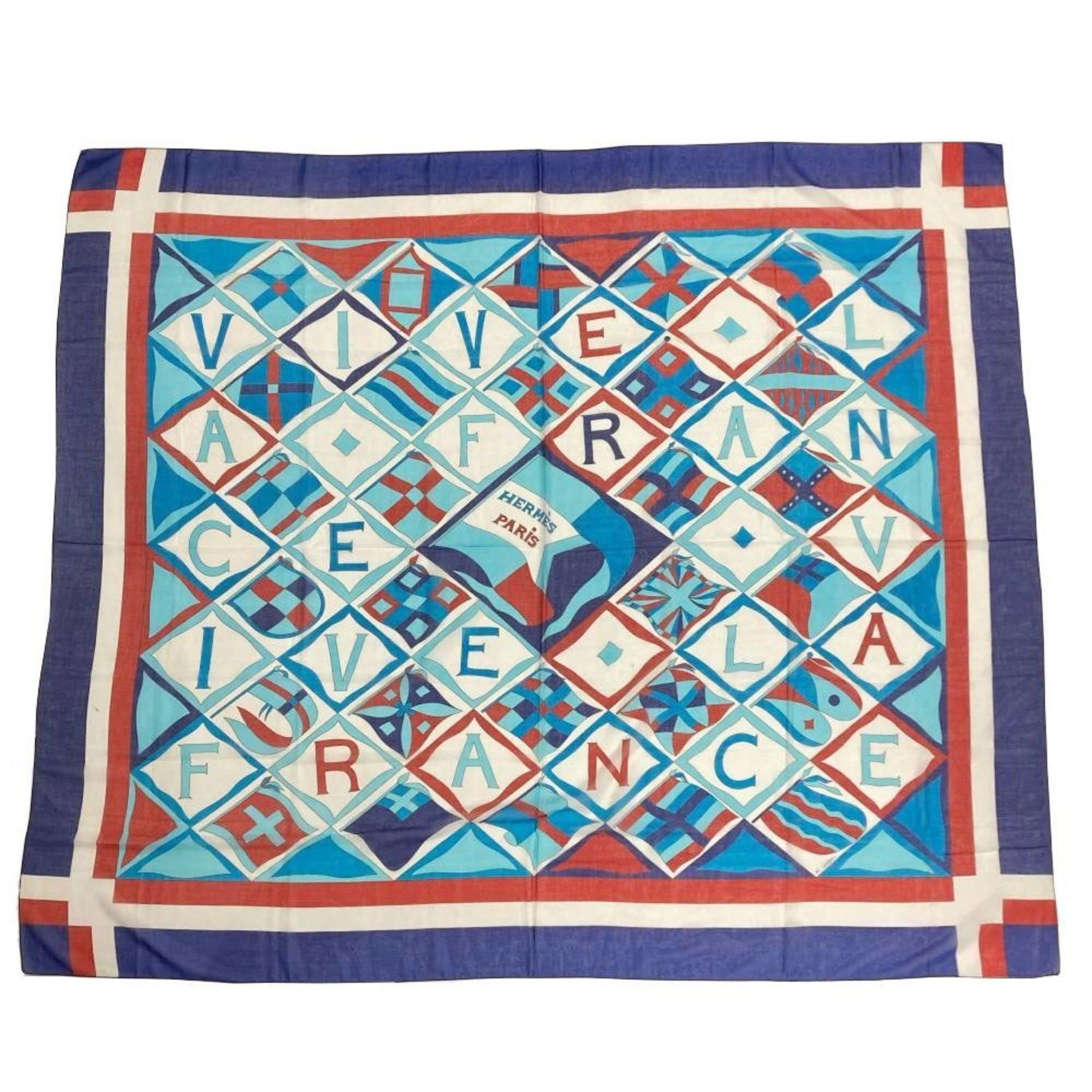 Hermes Pareo VIVE LA FRANCE Large Stole Scarf Muffler Cotton Blue