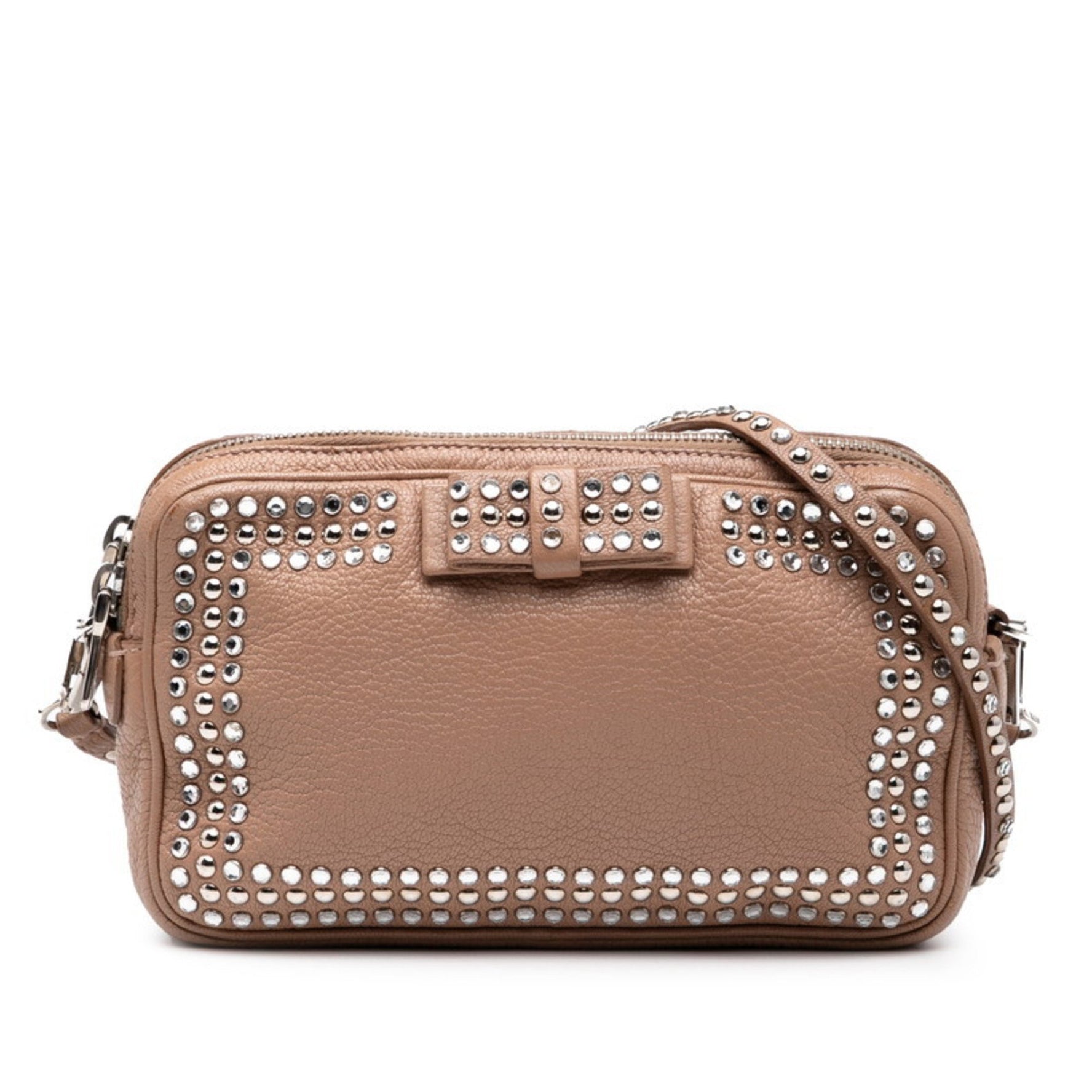 Miu Miu Miu Ribbon Motif Shoulder Bag in Pink Beige Leather with Rhinestones