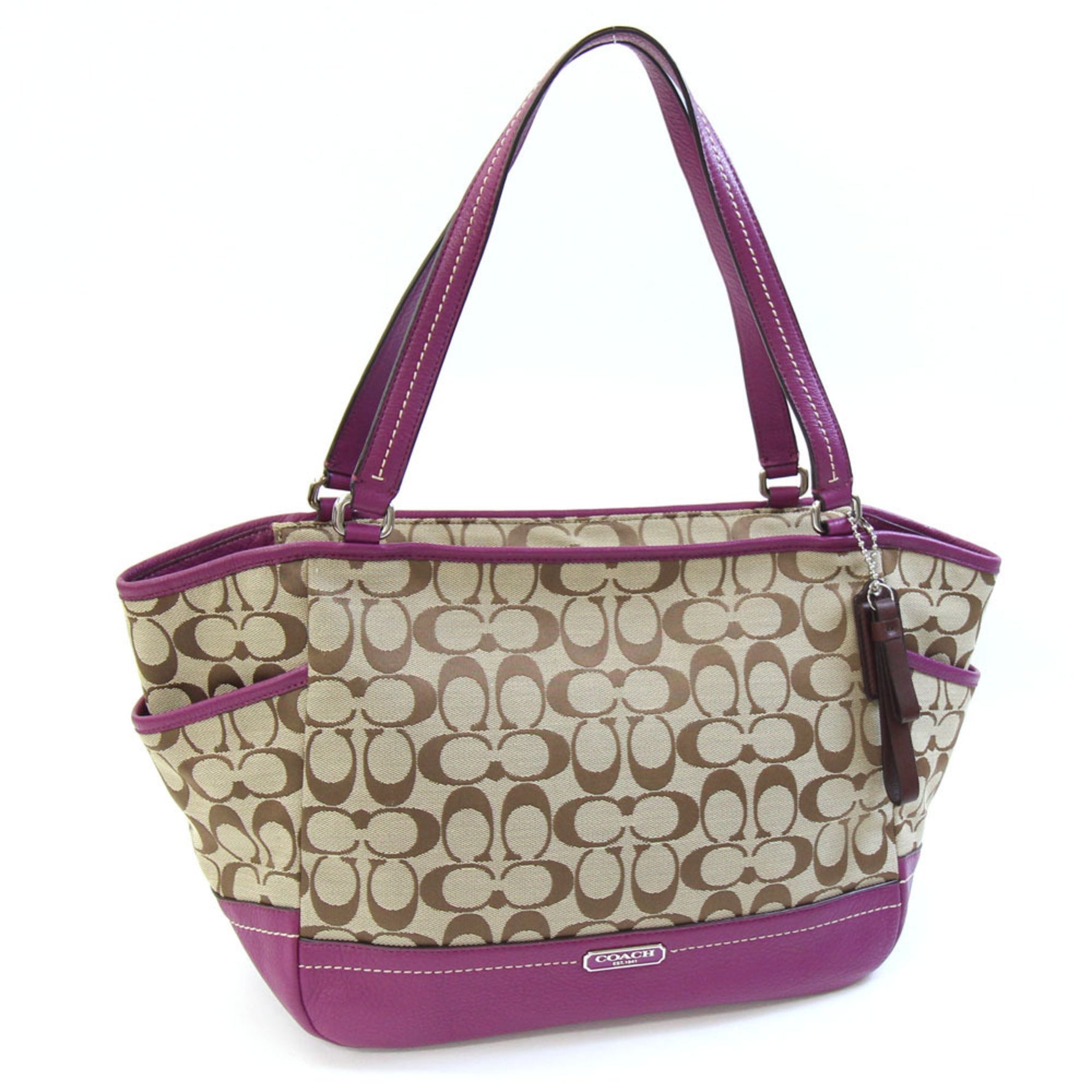 Coach Signature Tote Bag Beige and Purple Canvas Leather Shoulder