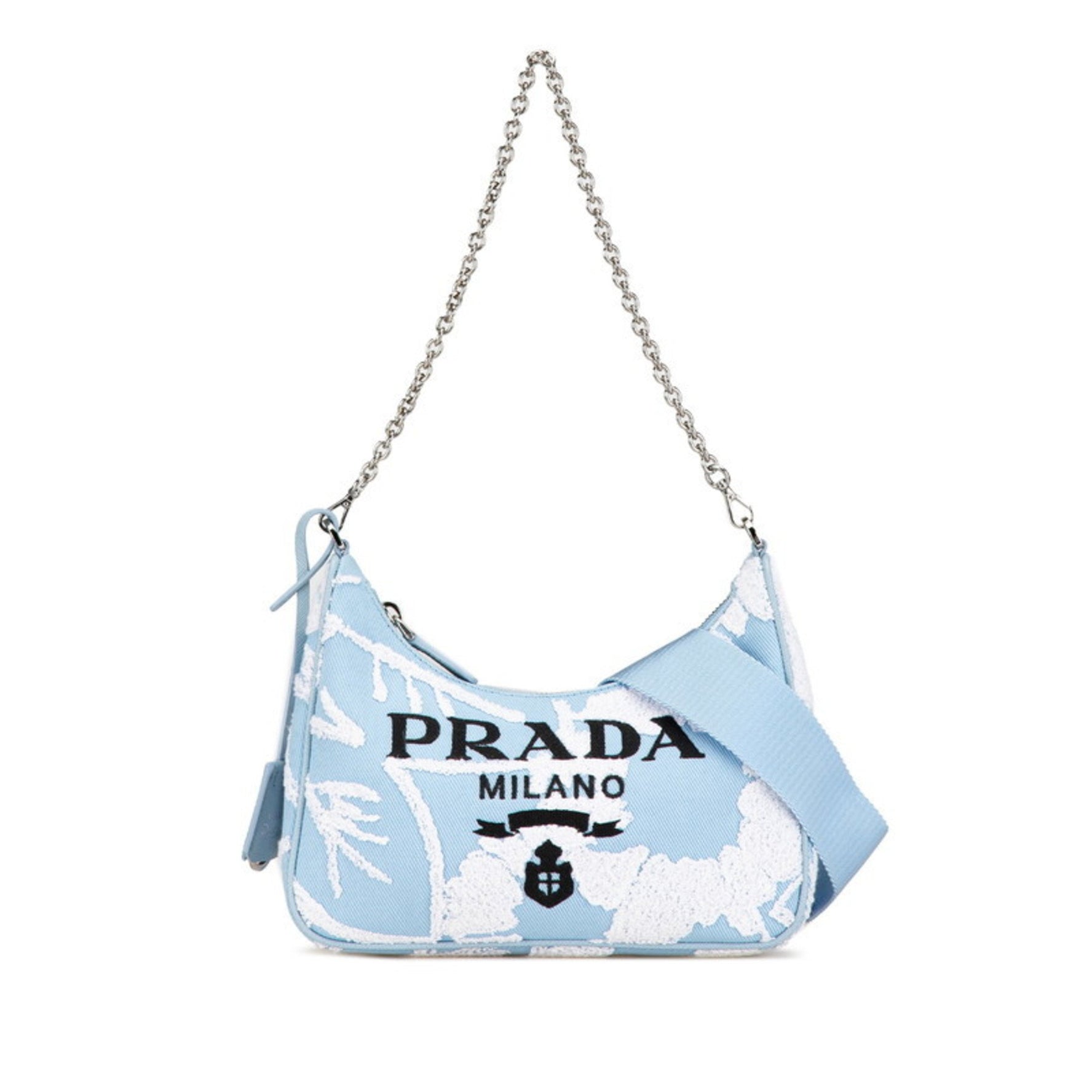 Prada Re-Edition 2000 Embroidered Mini Chain Handbag/Shoulder Bag, Light Blue Canvas