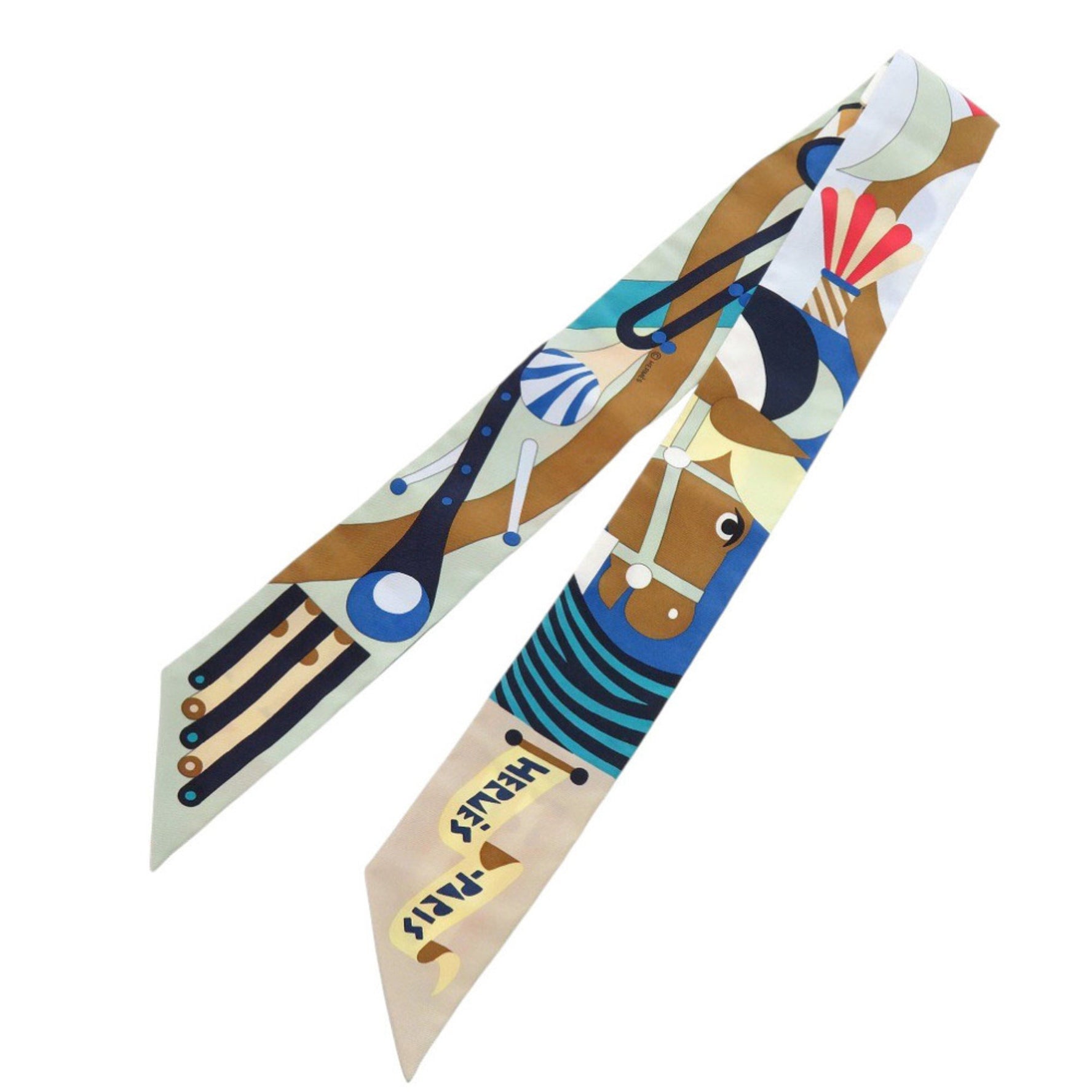 Unused Hermès Twilly "Parade en Fanfare" Silk Blue Scarf/Muffler, 1246 HERMES