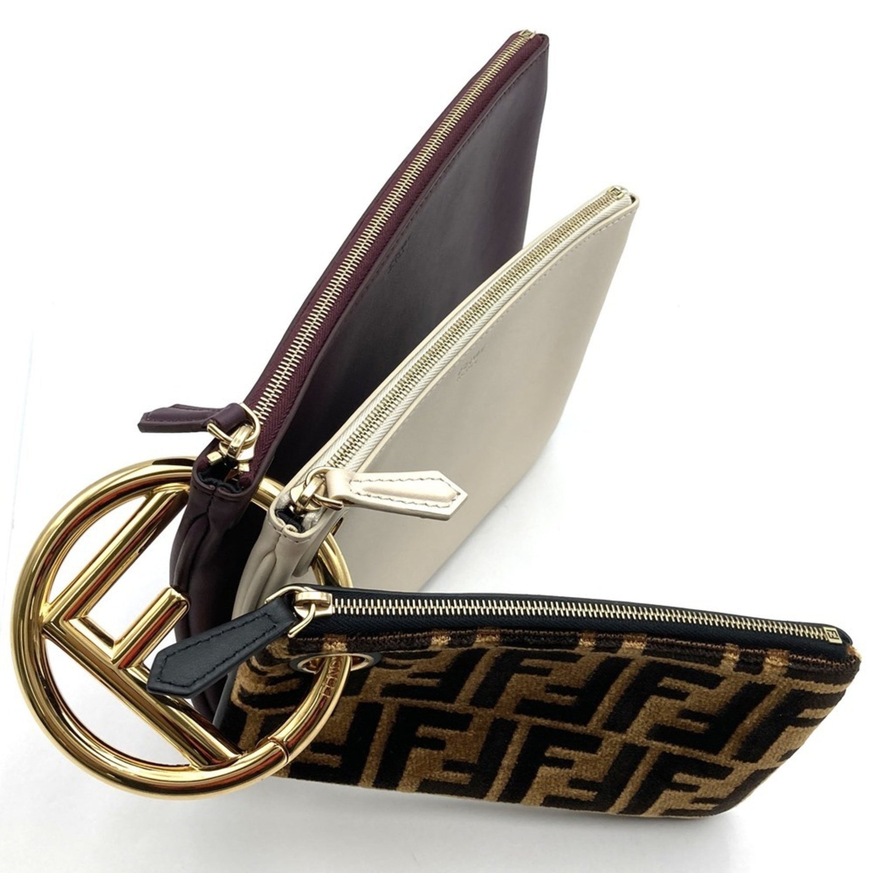 FENDI Triplet Triple Pouch Clutch Bag in Zucca, Brown/White/Bordeaux