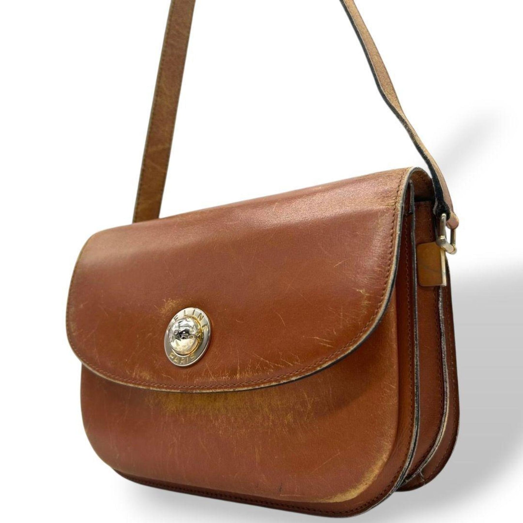 CELINE Star Ball Shoulder Bag in Leather with Genuine Flap, Gold Hardware, Logo, Crossbody Attachment, Vintage