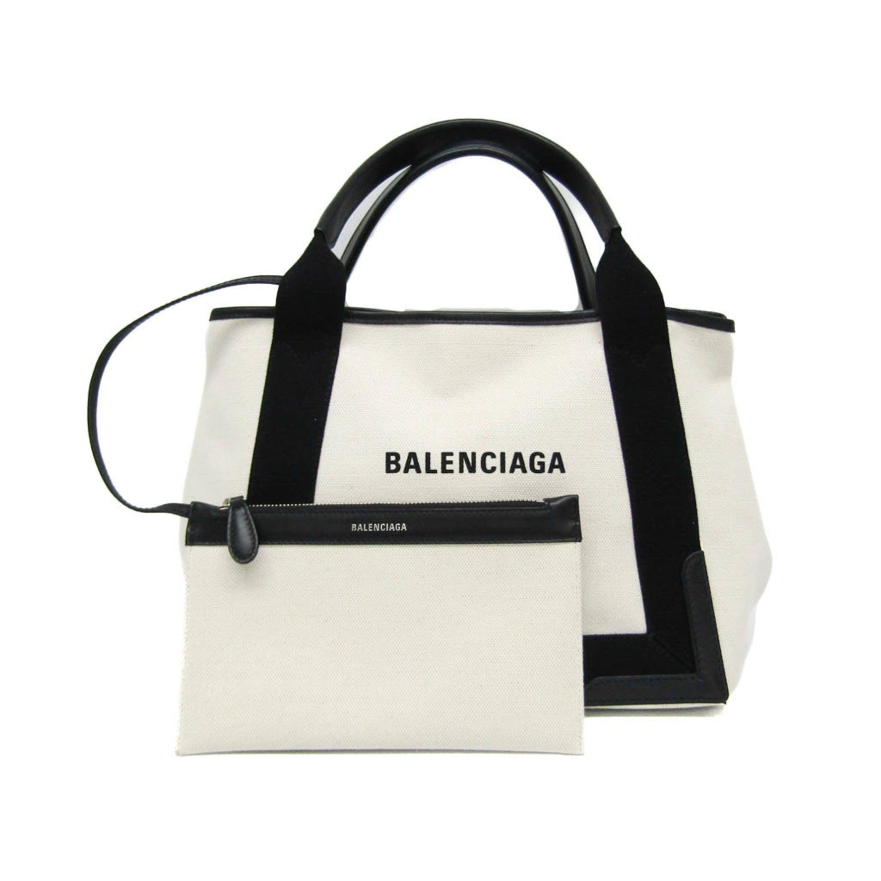 Balenciaga Navy Cabas S Women's Canvas,Leather Handbag Black,Off-white