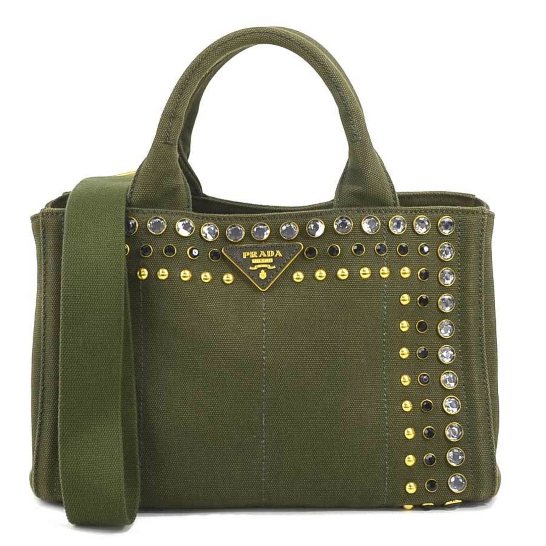 PRADA handbag shoulder bag canapa canvas khaki gold ladies e58565g