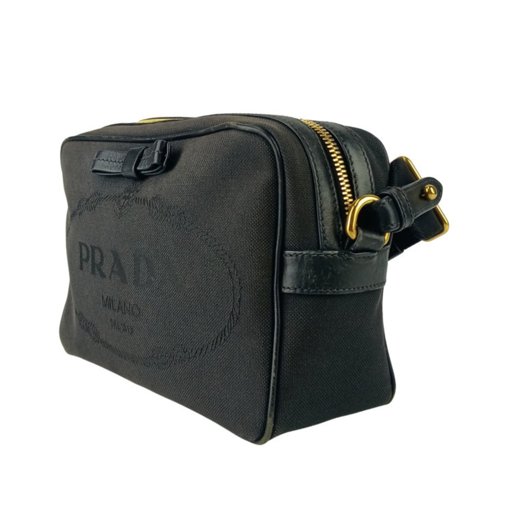 PRADA Crossbody Bag Jacquard Shoulder Canvas Leather Ribbon