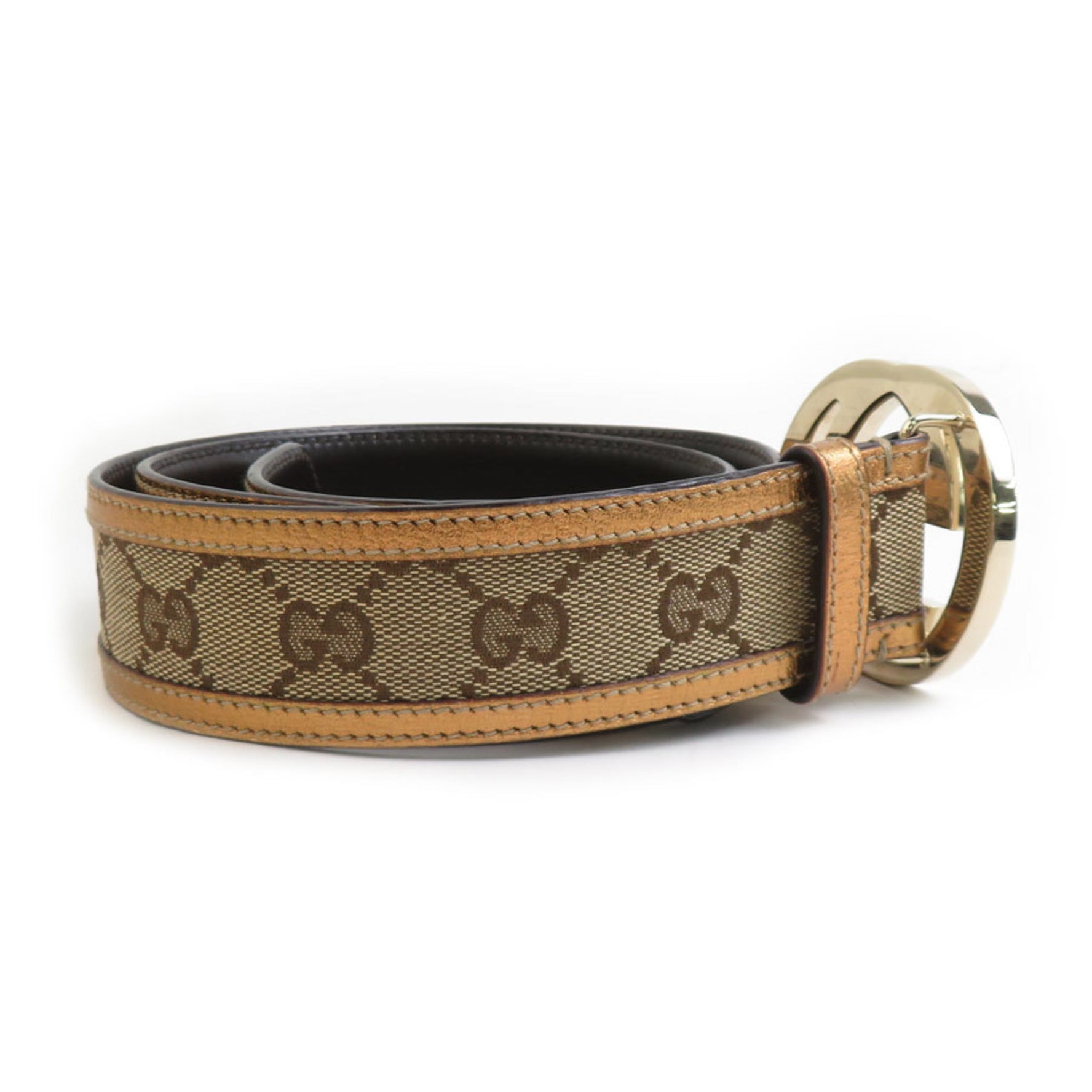 Gucci Interlocking G Belt in GG Canvas and Leather, Gold Brown, Men's