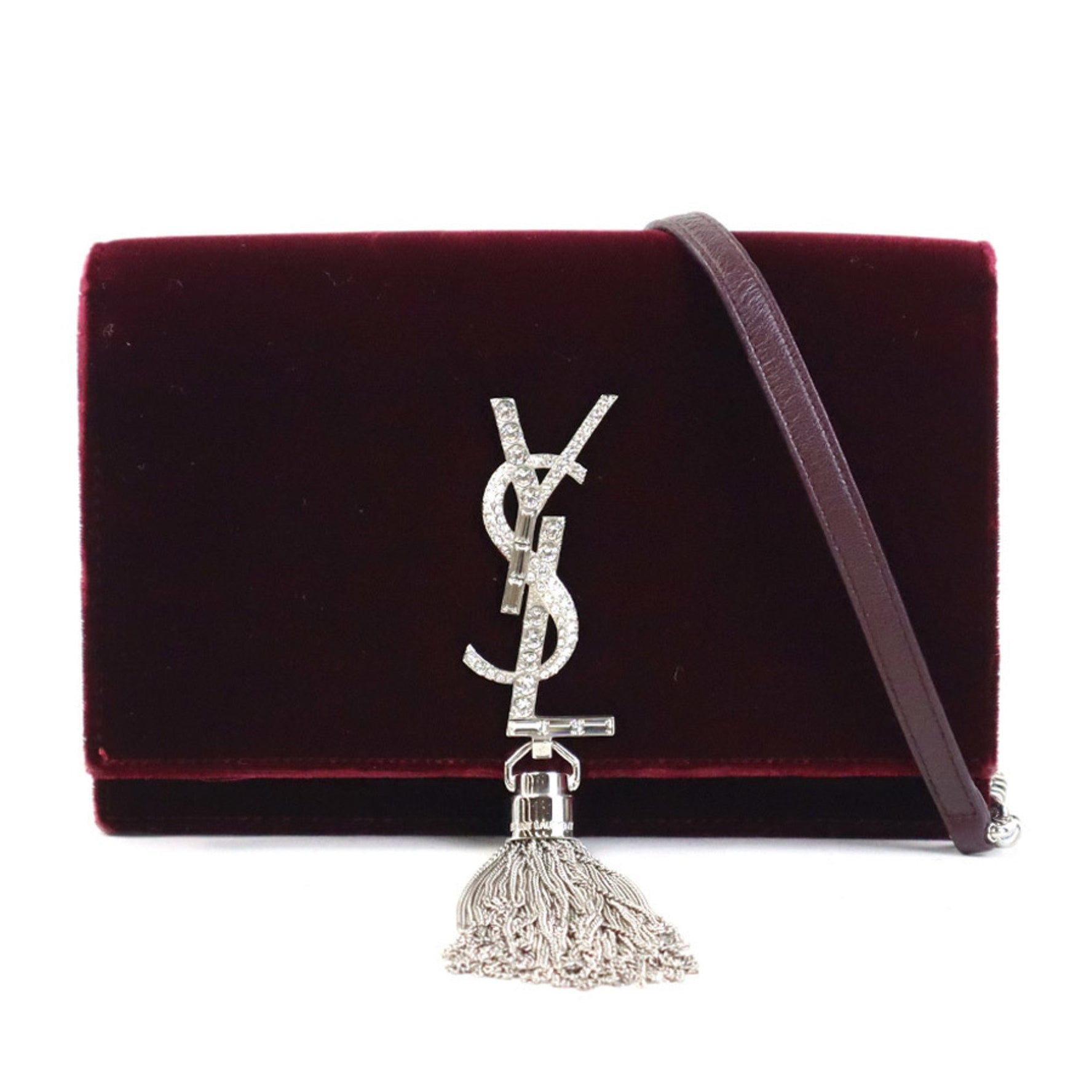 Saint Laurent shoulder bag, wallet, velvet, rhinestone, burgundy, silver, women's, e60336a