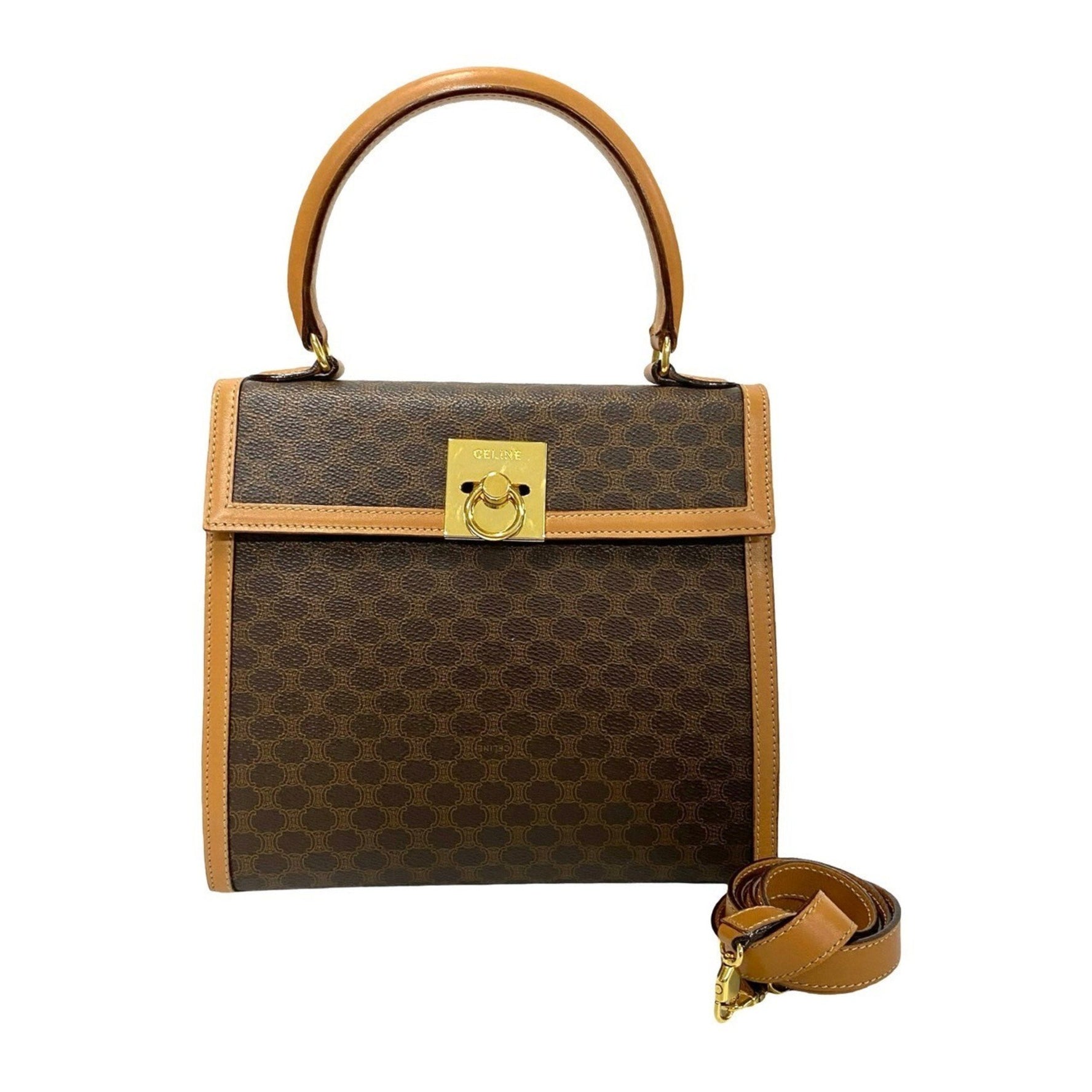 CELINE Macadam Blason Triomphe Print Logo Ring Hardware Leather Handbag/Shoulder Bag Brown