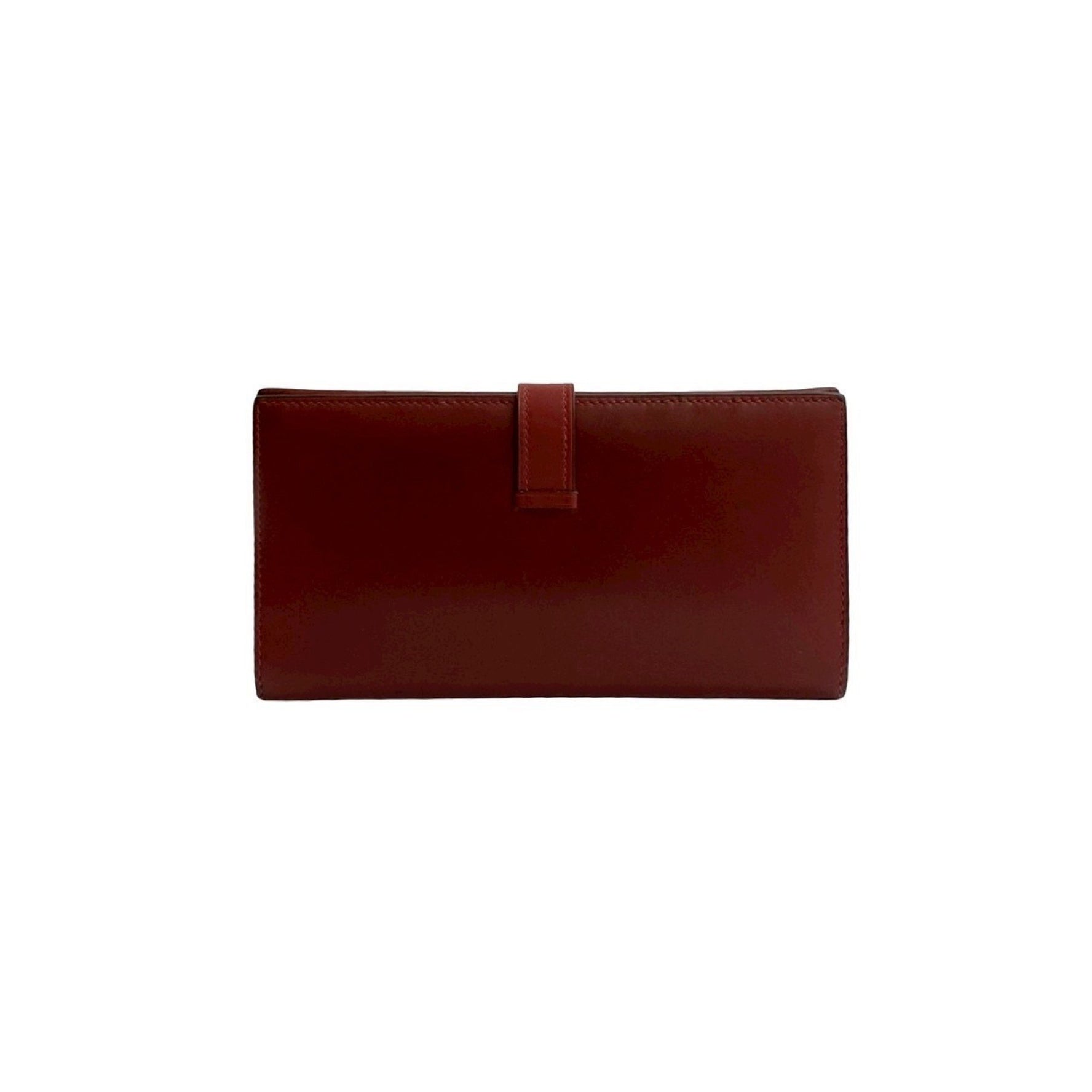 HERMES Bearn Box Calf Leather Long Wallet, Card Case, Coin Purse, Red,