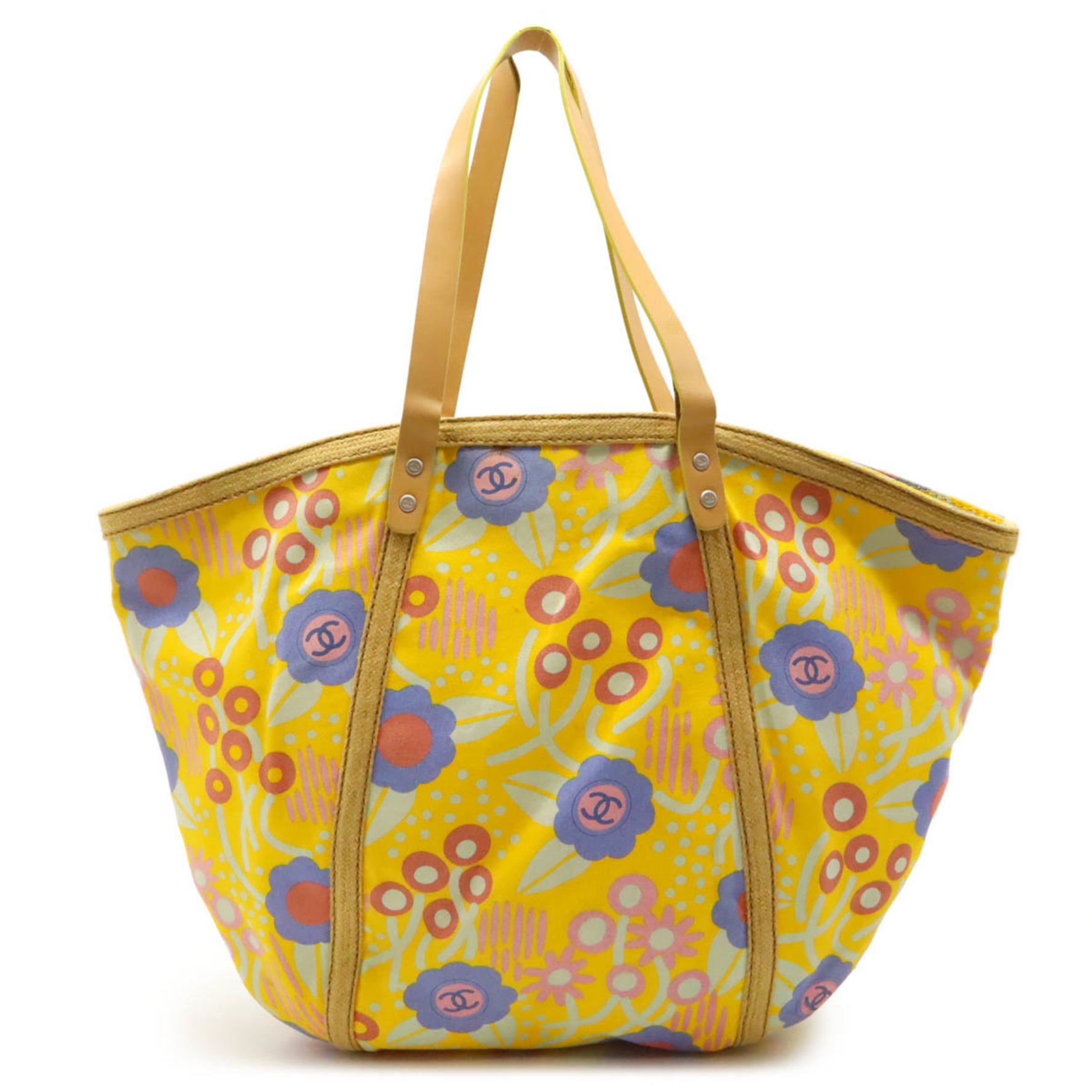 CHANEL High Summer Tote Bag Shoulder Flower Print Canvas Leather Yellow Multicolor