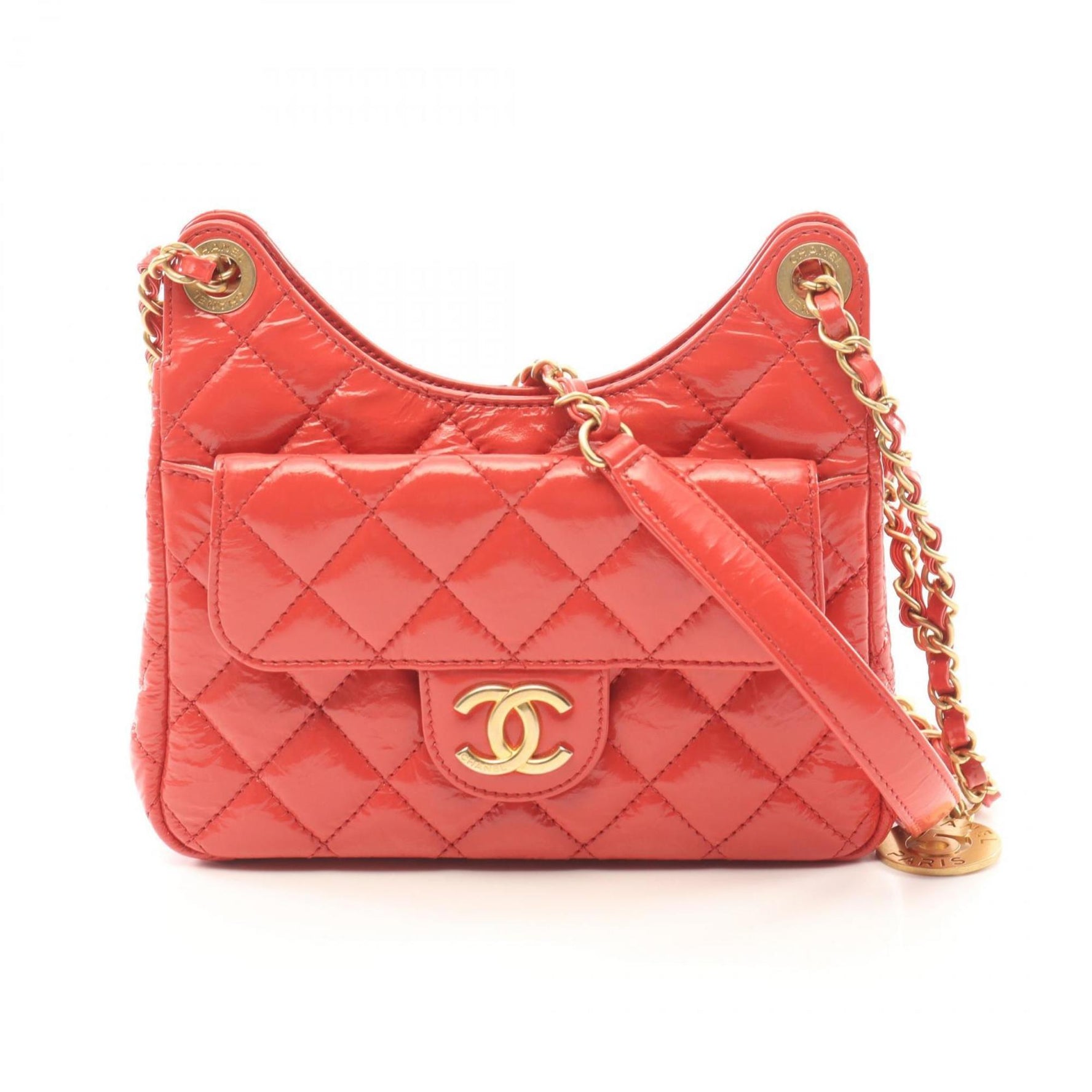CHANEL Matelasse Hobo Shoulder Bag Patent Leather Women's Orange