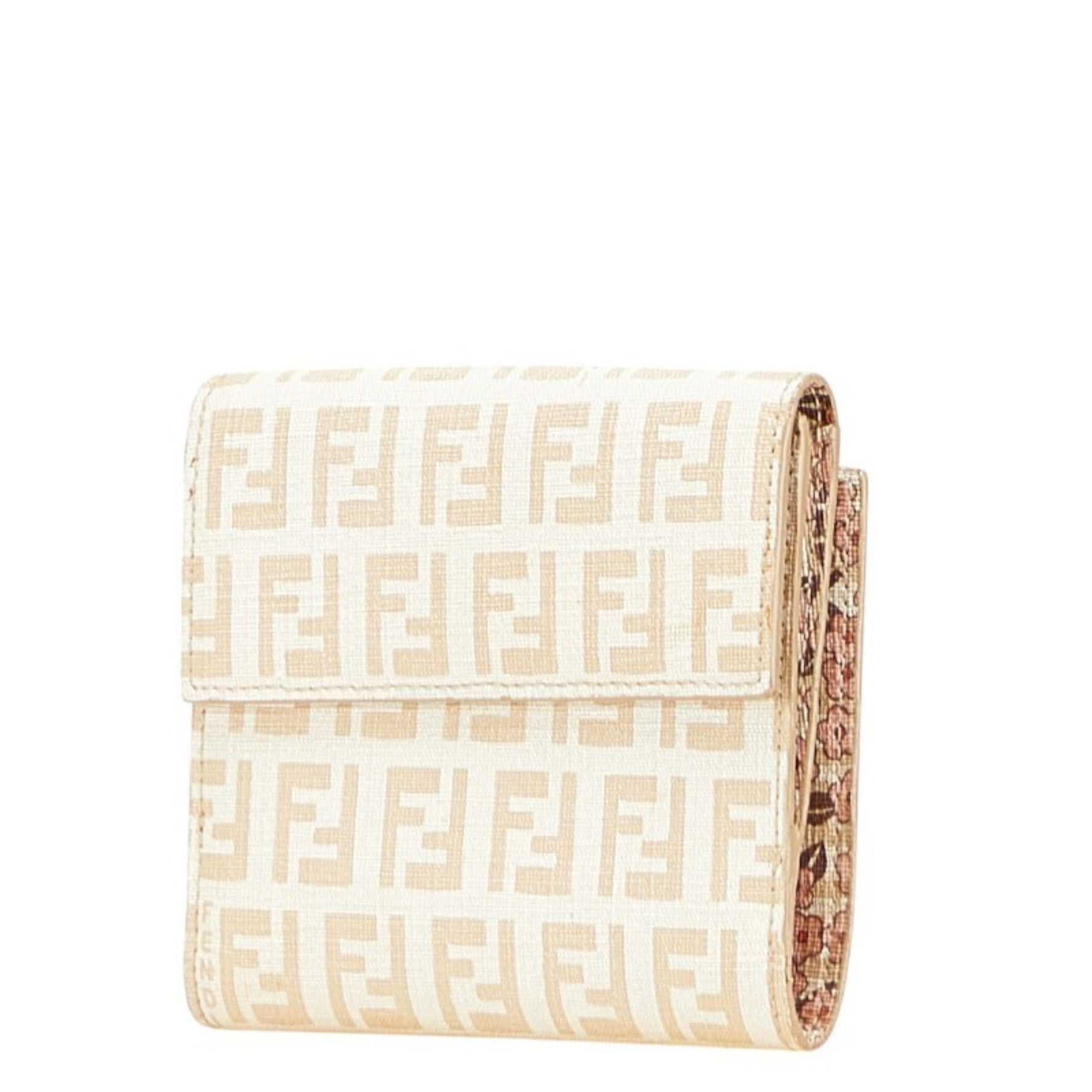 Fendi Zucchino Bifold Wallet in Ivory and Beige Leather