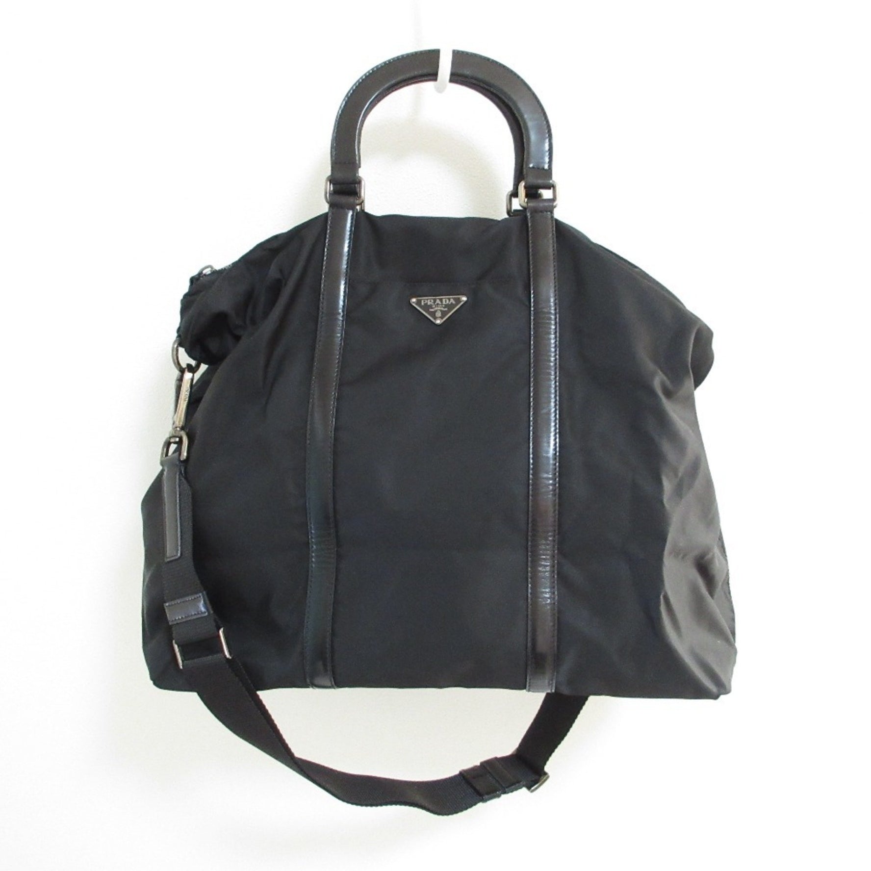 PRADA Nylon and Leather Shoulder Bag Tote with Silver Hardware Women